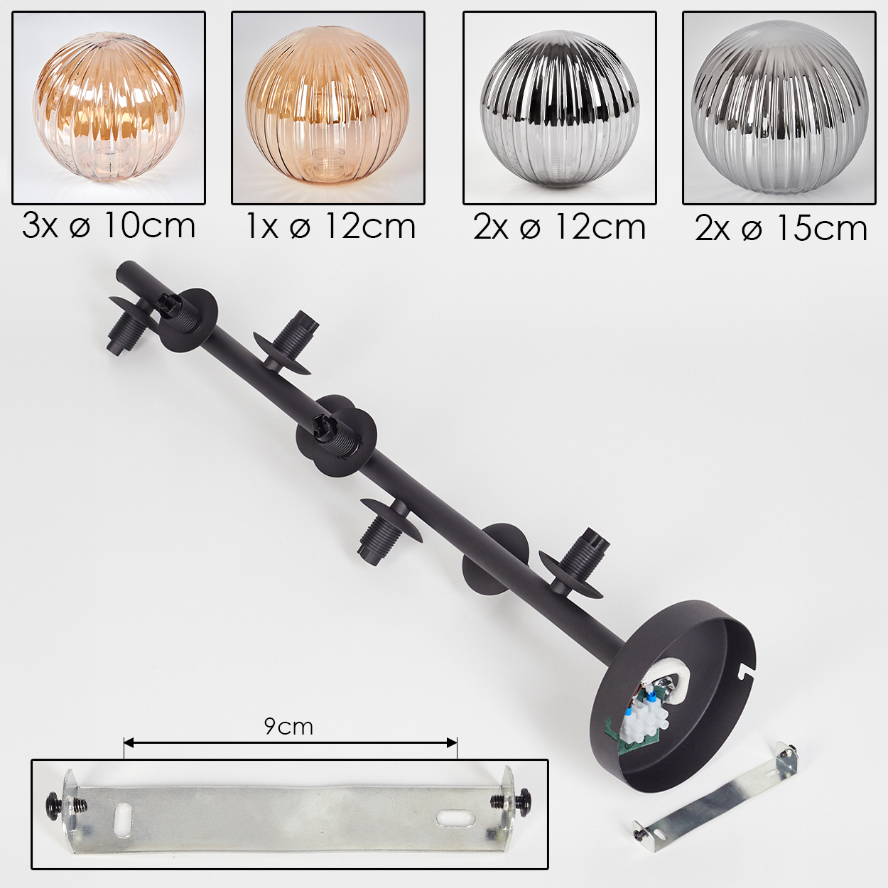 Teile einer Lampe, Kugeln und Befestigungsmaterial. Weißer Hintergrund mit Abmessungen.