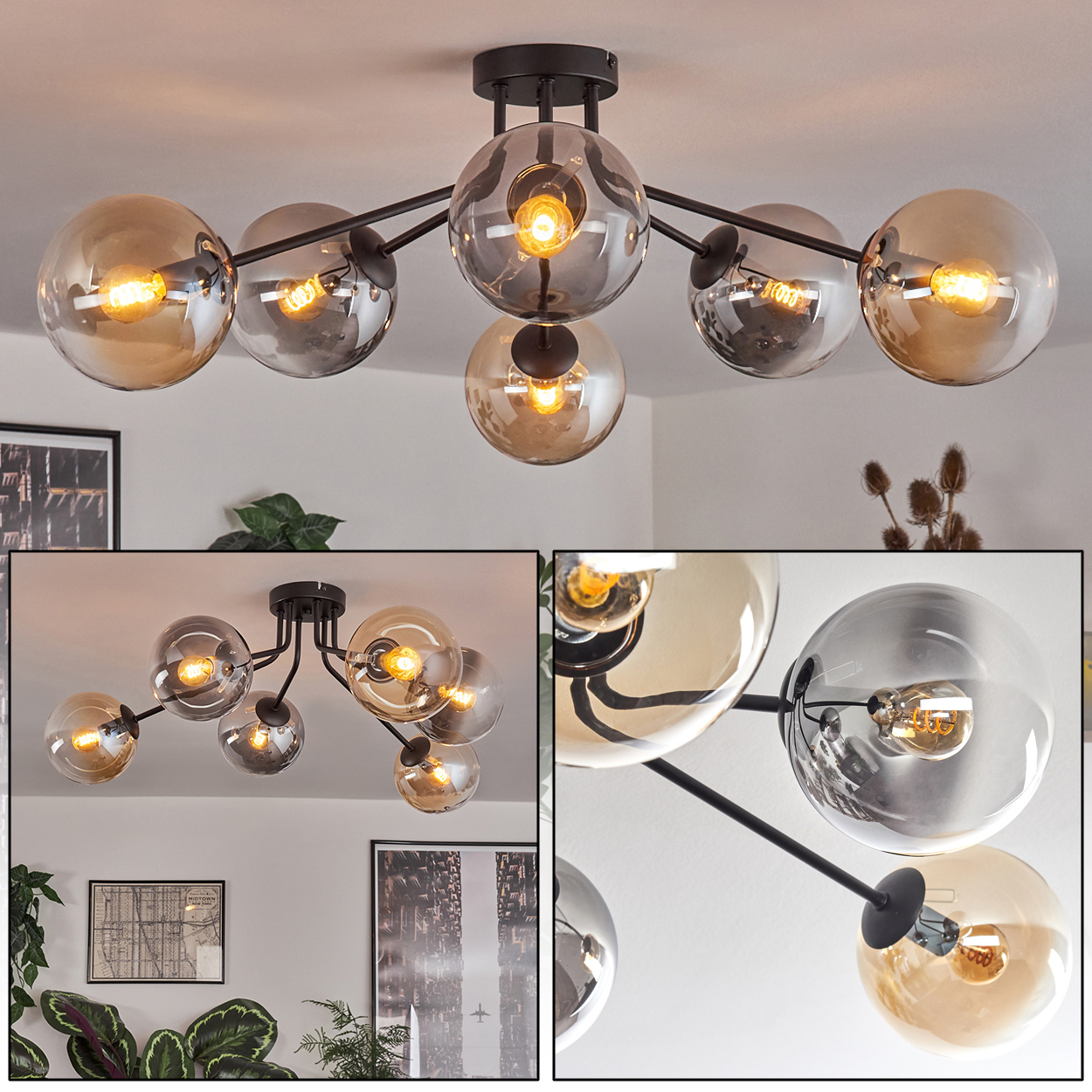 Eine Deckenlampe mit mehreren Kugeln. Zwei Detailaufnahmen der Lampe. Weißer Hintergrund.