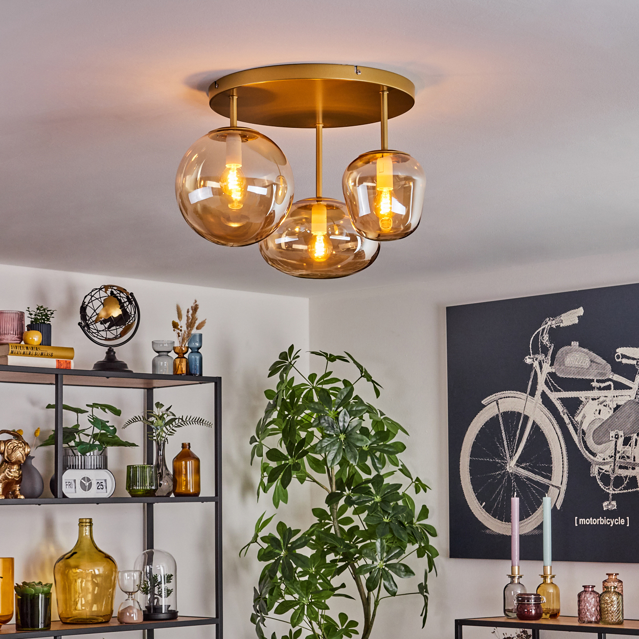Drei bernsteinfarbene Glaskugel-Hängeleuchten hängen von der Decke. Ein Regal und Pflanzen sind sichtbar.