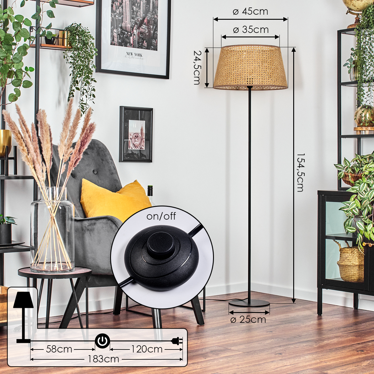 Eine Stehlampe mit Maßen und Details wird gezeigt.