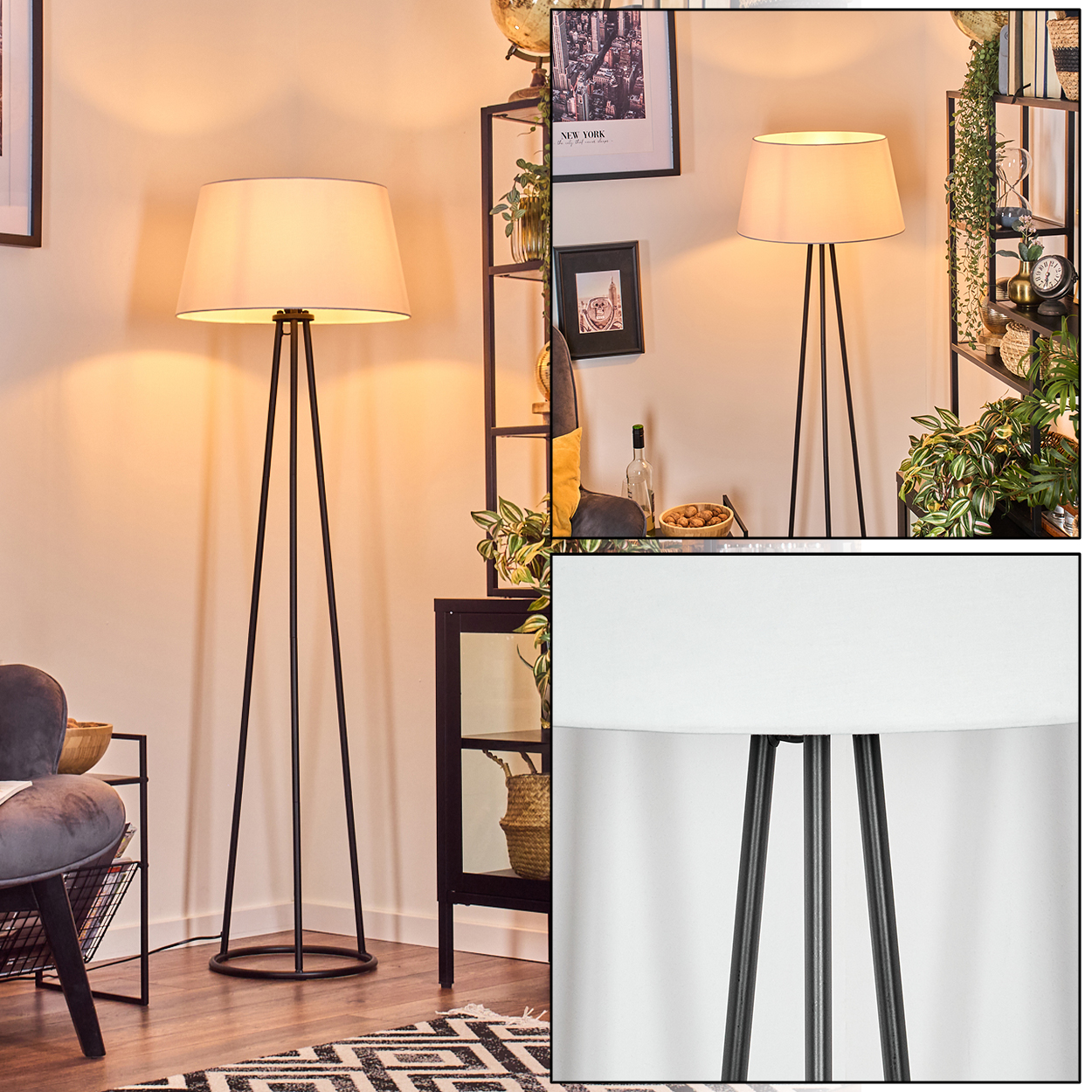 Eine schwarze Stativ-Stehlampe mit weißem Schirm in einem Wohnzimmer.