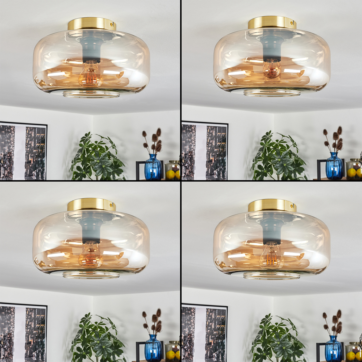Mehrere Ansichten von Deckenleuchten. Orangefarbene Glasschirme, goldene Sockel, leuchtende Glühbirnen. Inneneinrichtung.