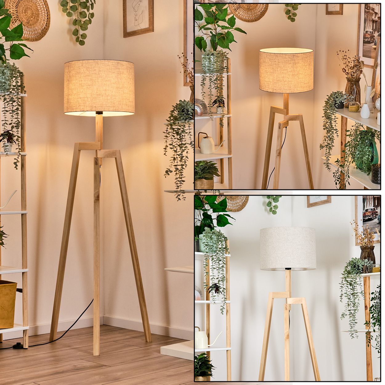 Hölzerne Stativ-Stehlampe mit Leinen-Lampenschirm, in einem Raum mit Pflanzen und Deko.