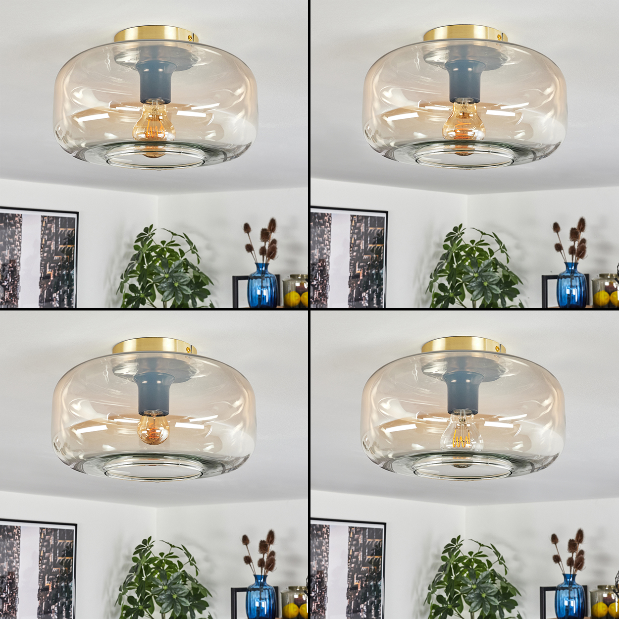 Mehrere Deckenleuchten. Orangefarbene Glasschirme, goldene Sockel, leuchtende Glühbirnen. Inneneinrichtung, Wohndesign.