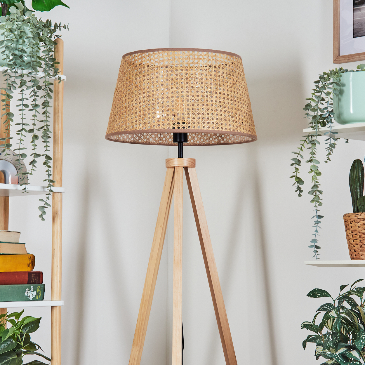 Holz-Stativ-Stehlampe mit gewebtem Lampenschirm, in einer Ecke stehend. Pflanzen und Regale.