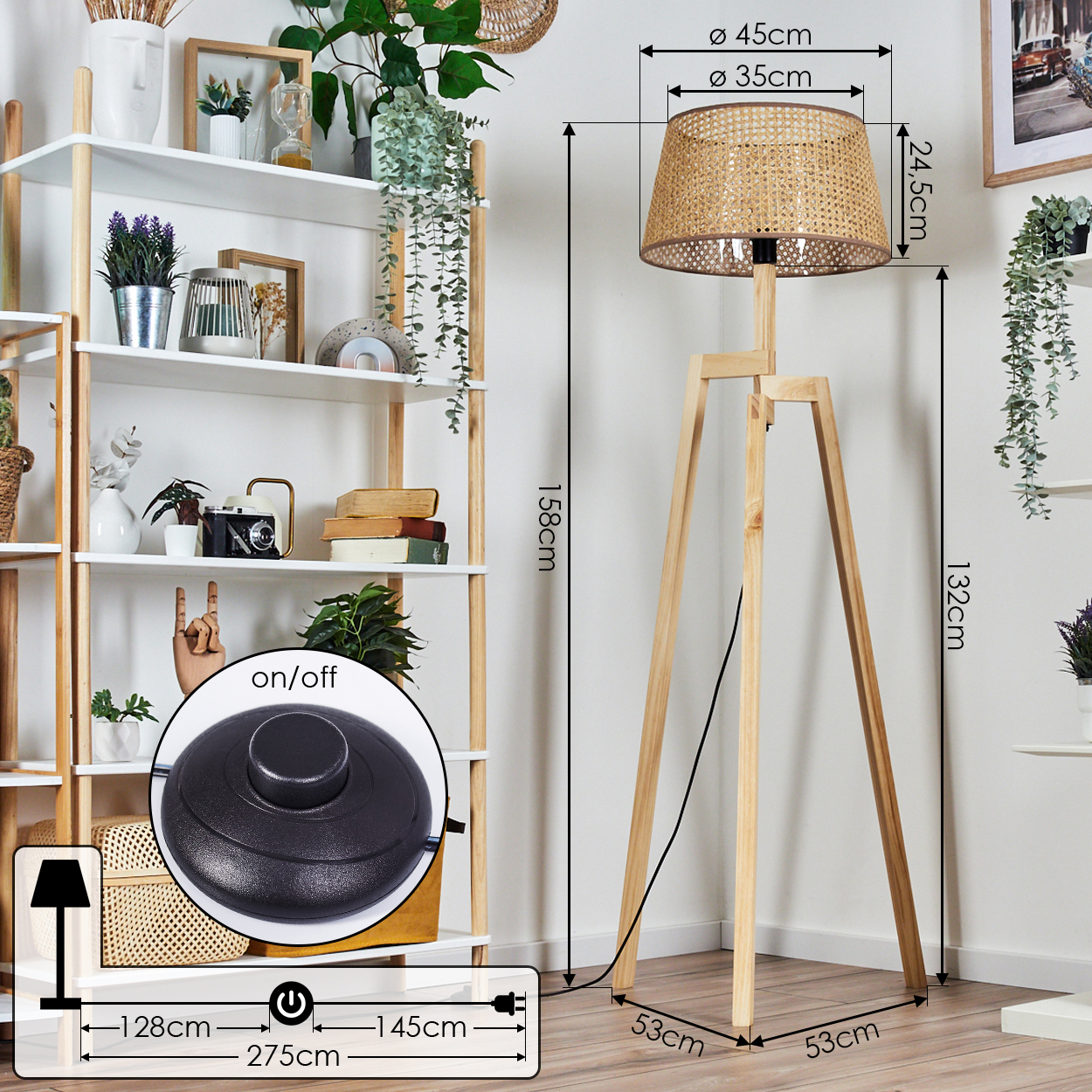 Eine Stehlampe mit gewebtem Schirm. Das Bild hat Maße, einen Fußschalter und einen Stecker. Hintergrunddekoration.