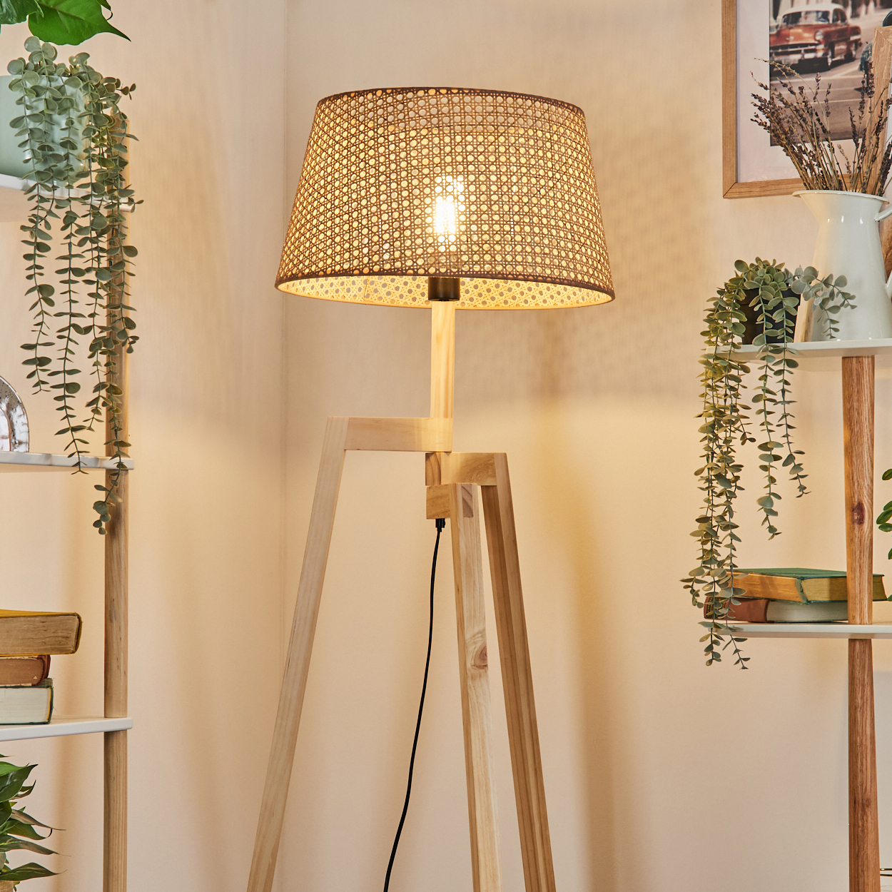 Holz-Dreibein-Lampe mit gewebtem Schirm. Pflanzen in Töpfen auf Regalen und Bücher darunter.