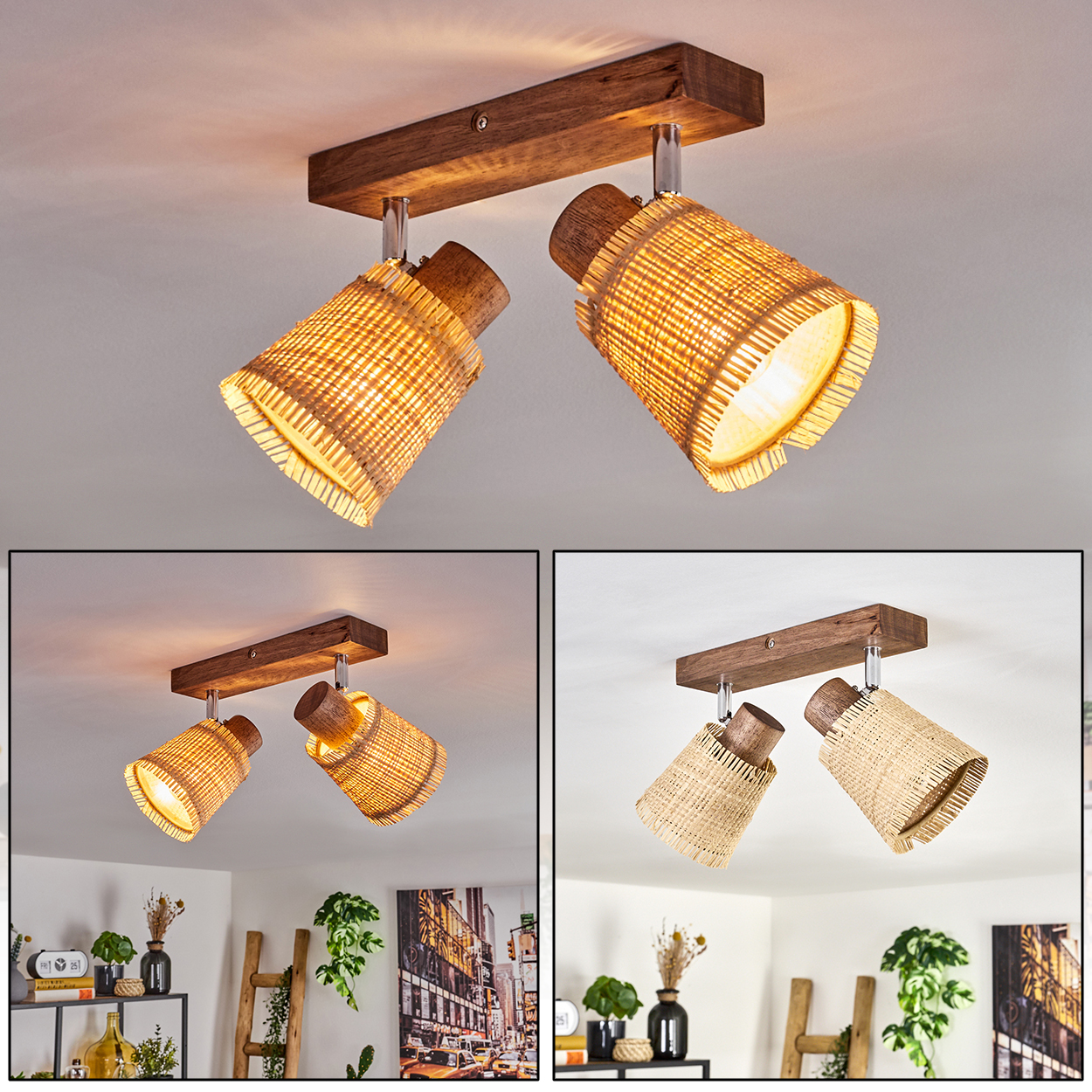 Zwei Lampen mit gewebten Schirmen auf einem Holzbrett montiert. Warmes Licht. Innenszene.