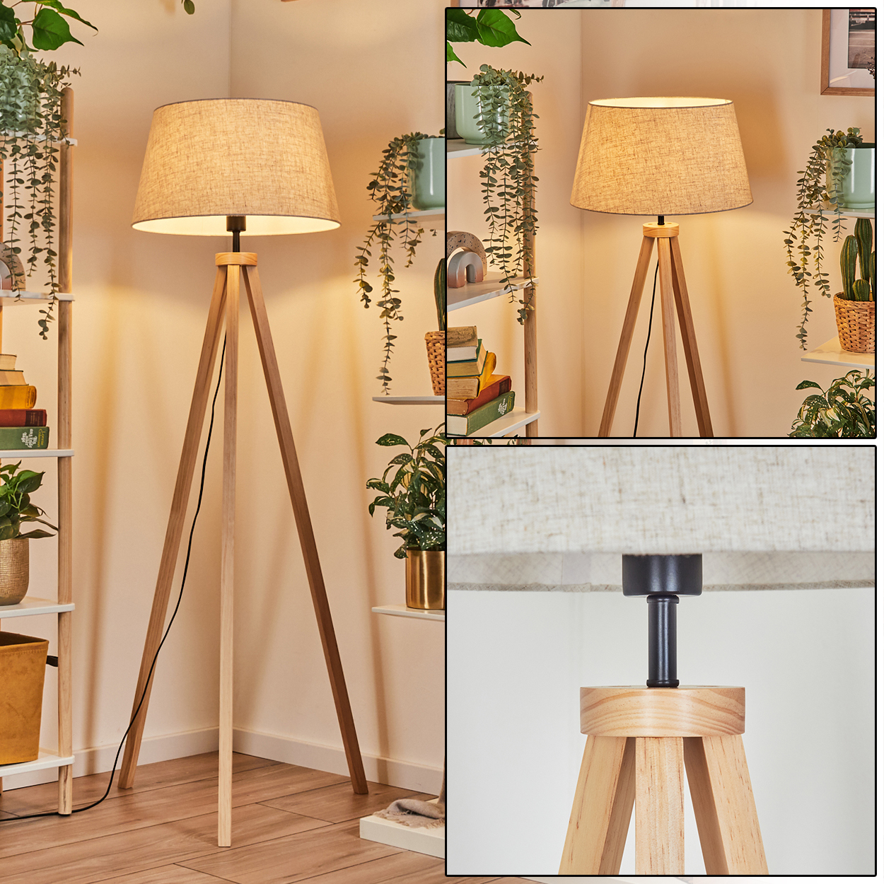 Eine Stativ-Stehlampe mit beigem Schirm in einem Raum. Der Hintergrund hat Regale und Pflanzen.
