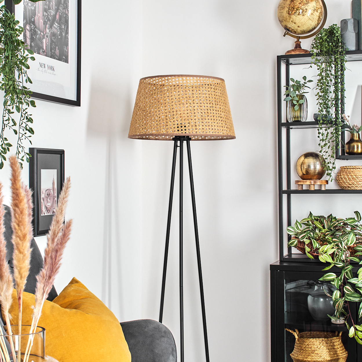 Raumecke mit Stehlampe, Globus, Regalen und dekorativen Pflanzen und Gegenständen.