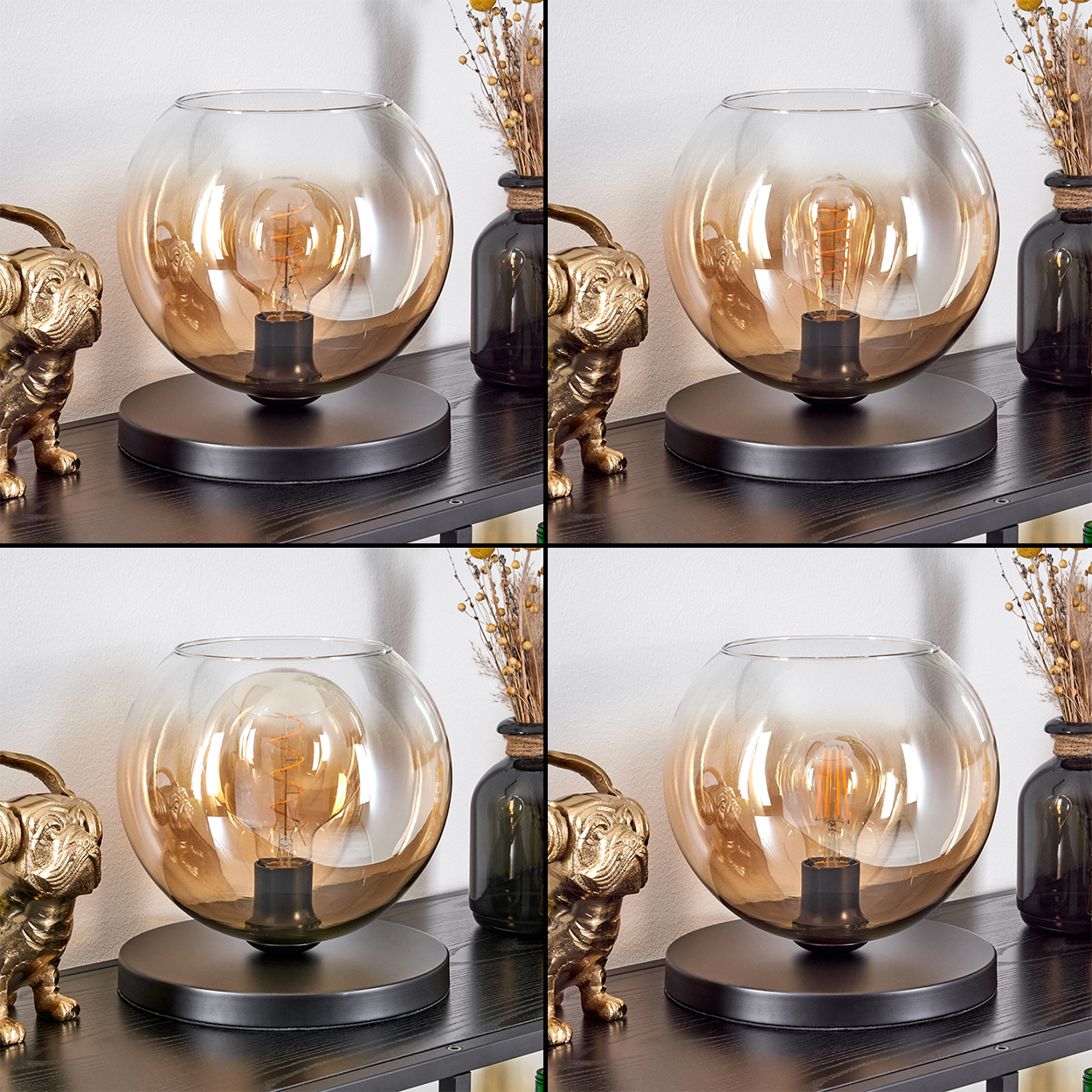 Tischlampe mit rundem, bernsteinfarbenem Glasschirm, schwarzem Sockel und sichtbarer Glühbirne.