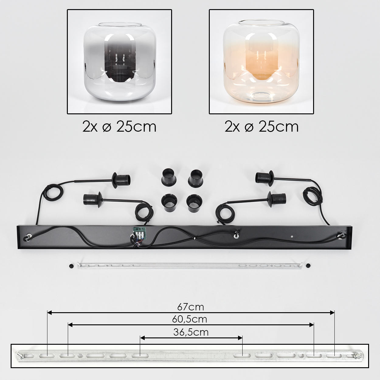 Diagramm mit Abmessungen von Lichtkomponenten, einschließlich Glasschirmen und Verkabelung.