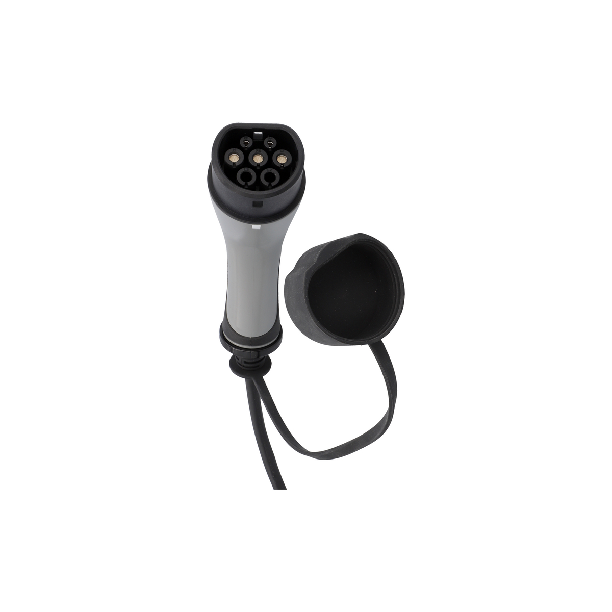 Ein graues Ladekabel mit schwarzer Kappe, für das Laden von Elektrofahrzeugen.