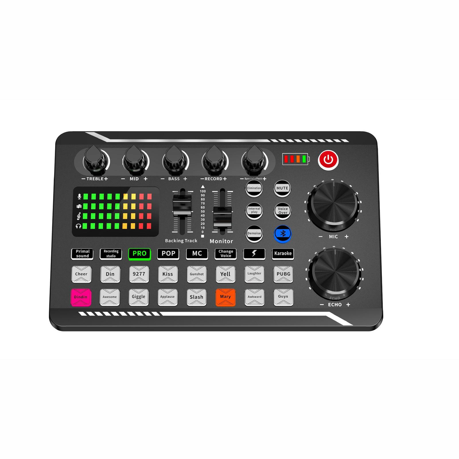 Ein schwarzer Audiomixer mit mehreren Knöpfen und Reglern zur Klangregelung und einem Power-Knopf.