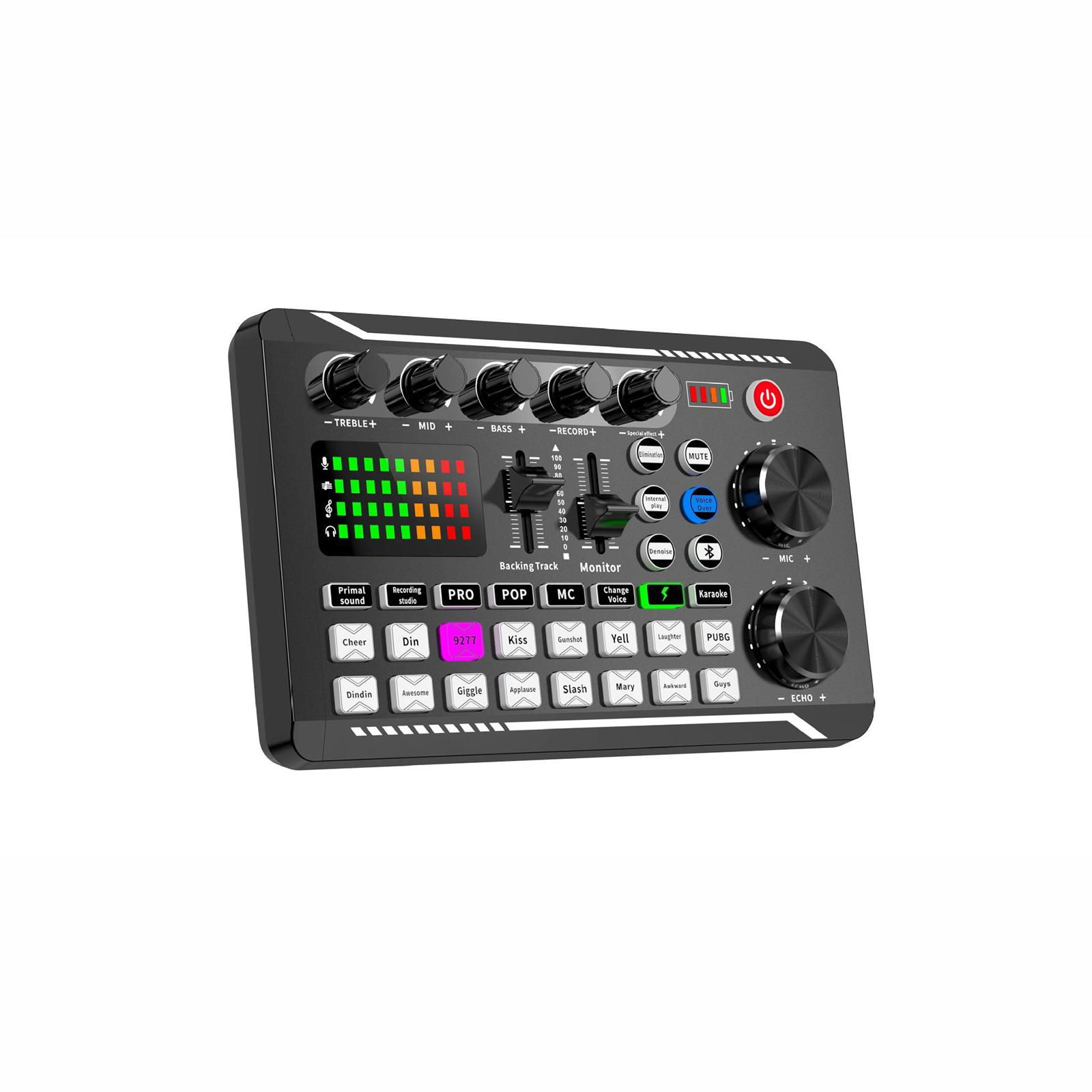 Ein schwarzer Audiomischer mit mehreren Knöpfen, Tasten und einem Display, vor weißem Hintergrund.