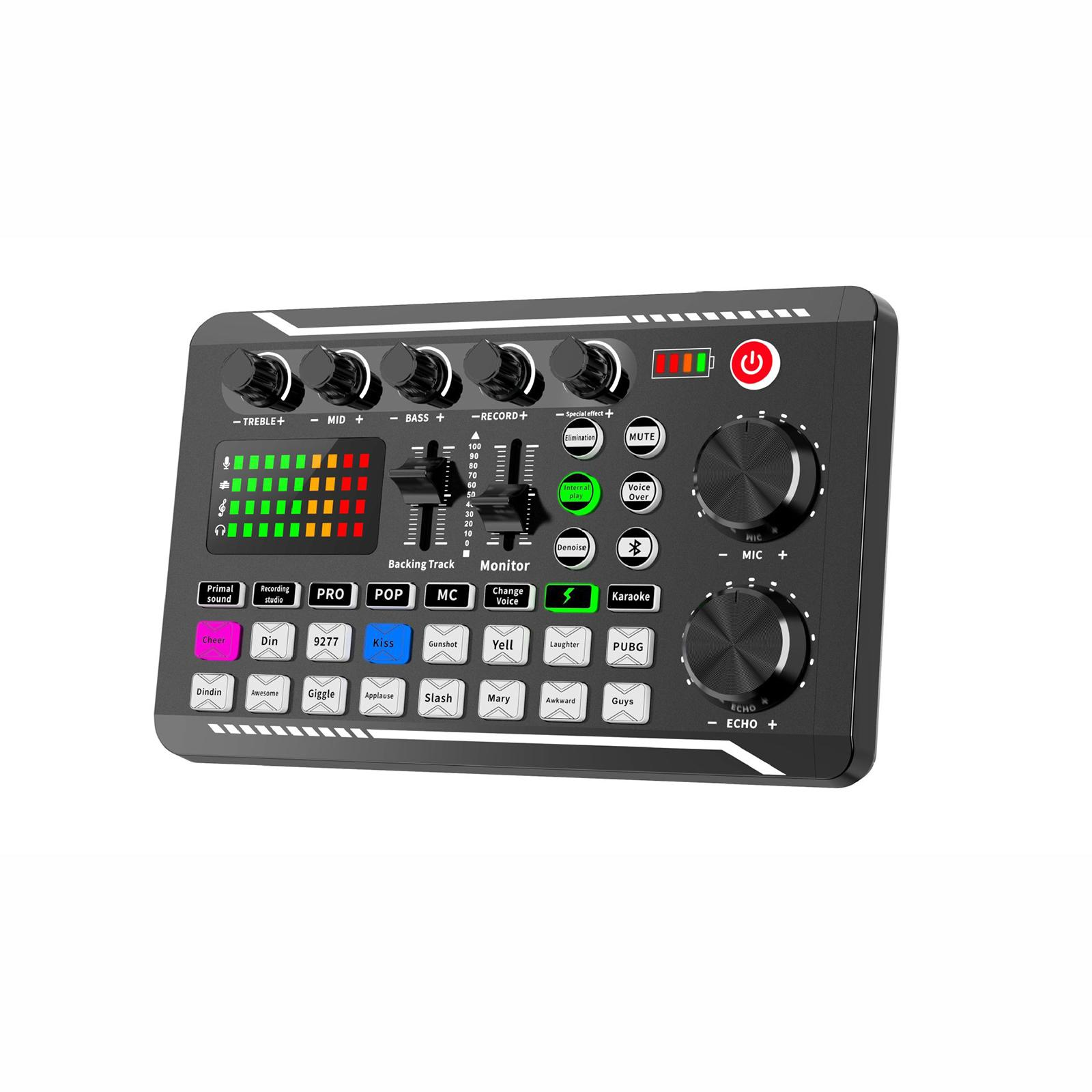Ein schwarzer Audiomixer mit vielen Knöpfen, Reglern und einem Power-Knopf zur Klangregelung.