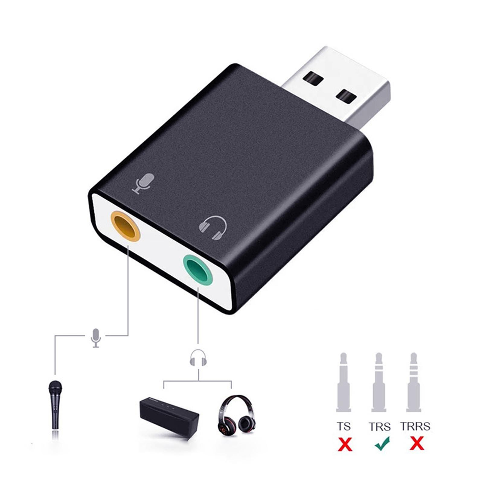 Schwarzer USB-Audioadapter mit Mikrofon- und Kopfhöreranschlüssen. Zubehör gezeigt. Weißer Hintergrund.