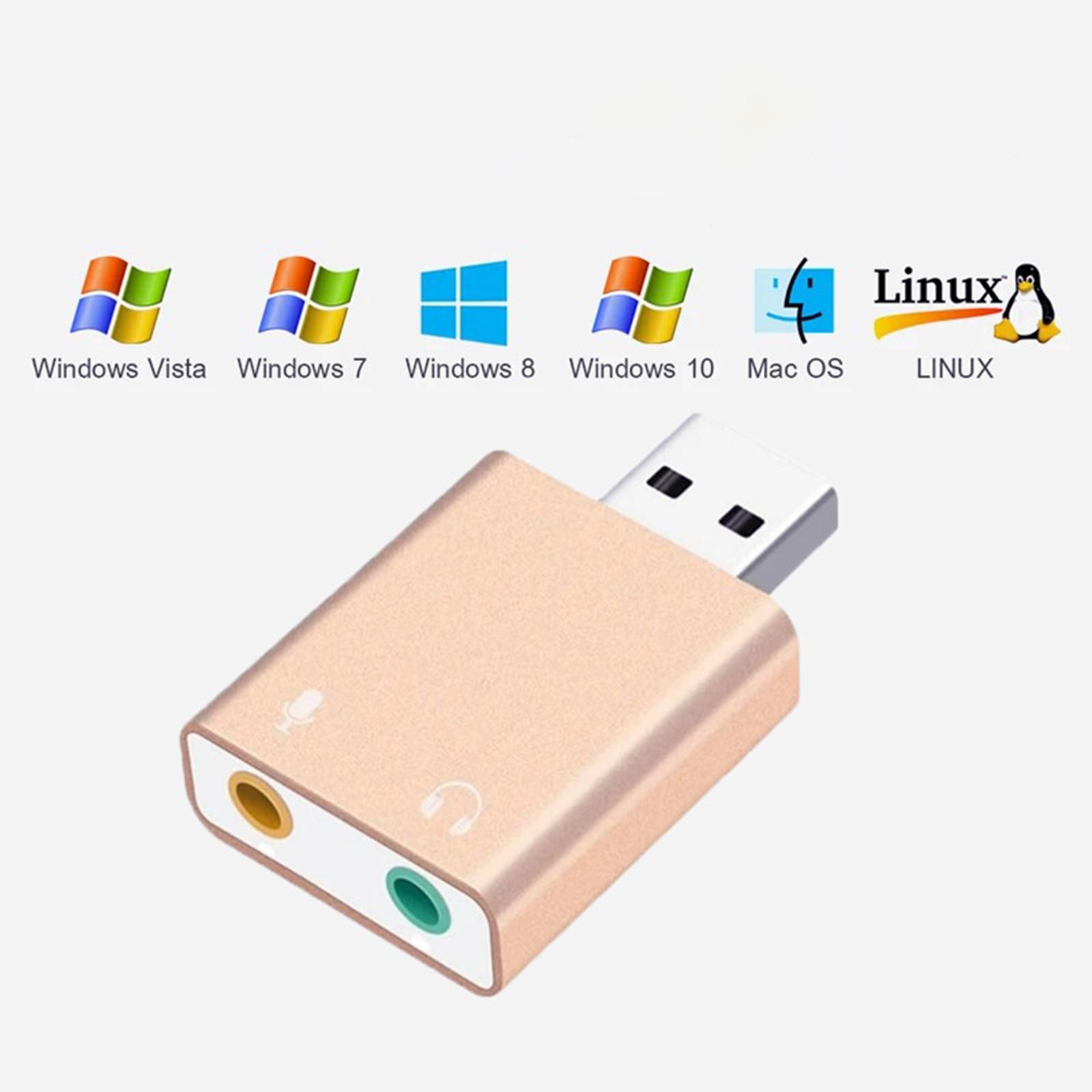 Goldener USB-Audioadapter mit Mikrofon- und Kopfhöreranschlüssen. OS-Logos im Hintergrund.