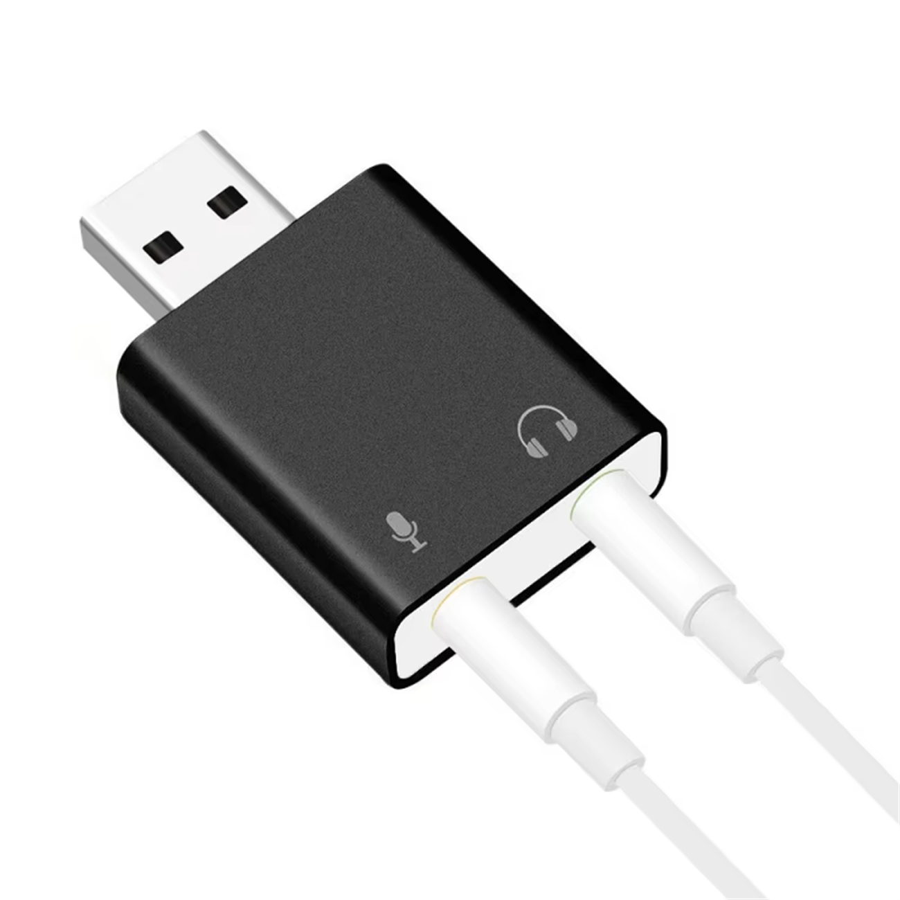 Schwarzer USB-Audioadapter mit Mikrofon- und Kopfhöreranschlüssen, weiße Kabel.