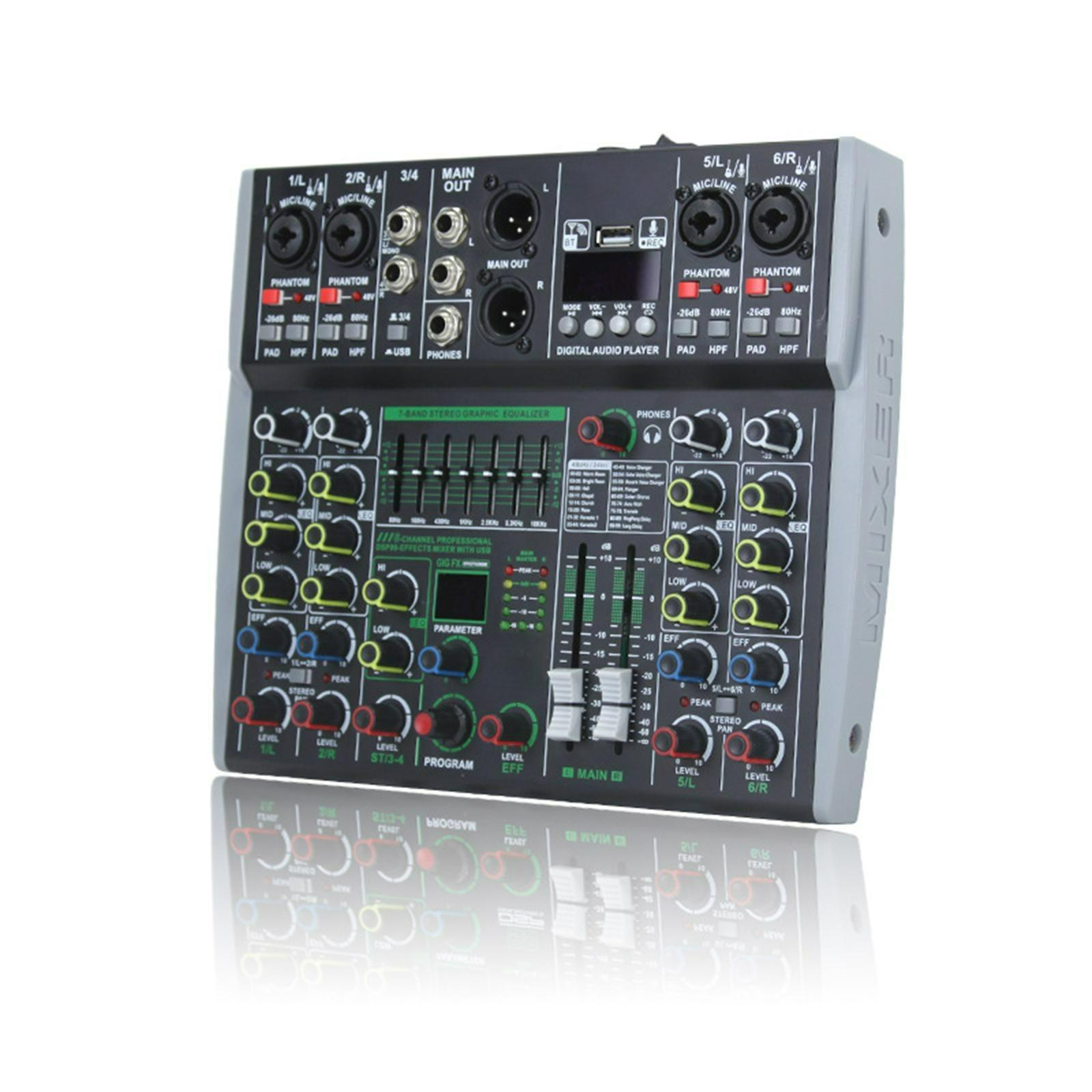 Mixer mit Knöpfen, Schiebern und Anschlüssen. Grau-Schwarz. Weißer Hintergrund.
