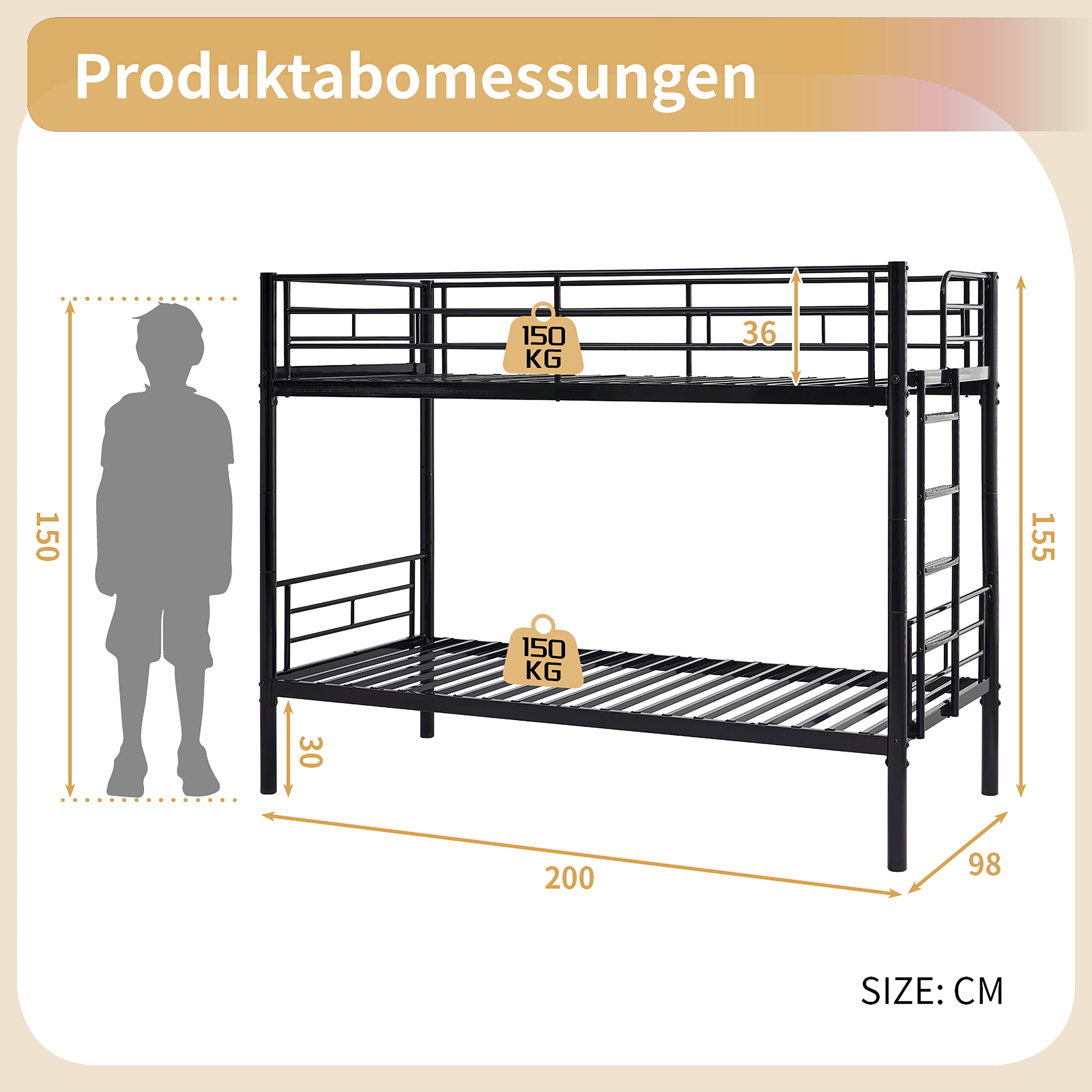 Ein schwarzes Etagenbett mit Maßen und einer Personensilhouette. Das Bett hat eine Gewichtsbegrenzung.