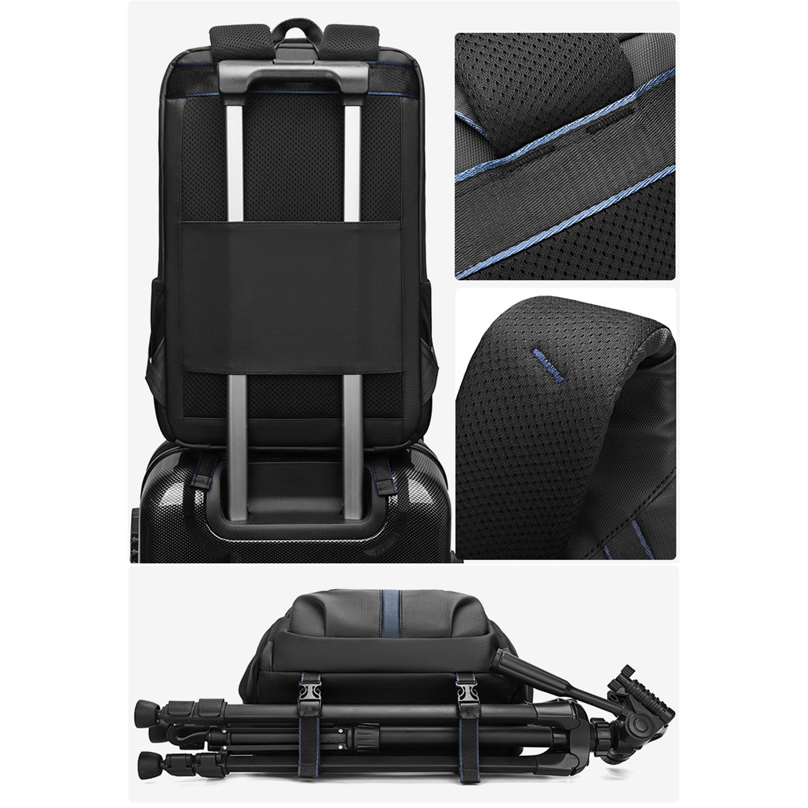 Rucksack mit Stativ. Der Rucksack hat mehrere Fächer. Das Foto ist in verschiedenen Ansichten.