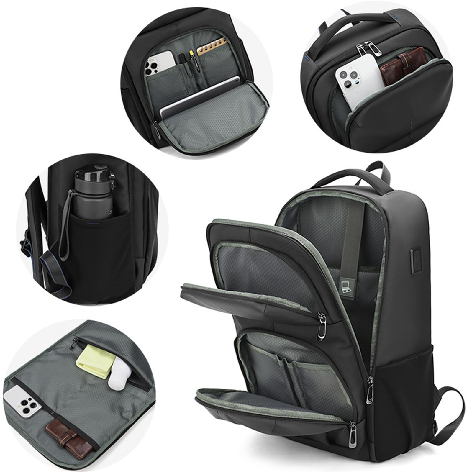 Ein schwarzer Rucksack mit mehreren Taschen, einer Wasserflasche und einer Brieftasche. Die Tasche ist in verschiedenen Ansichten.