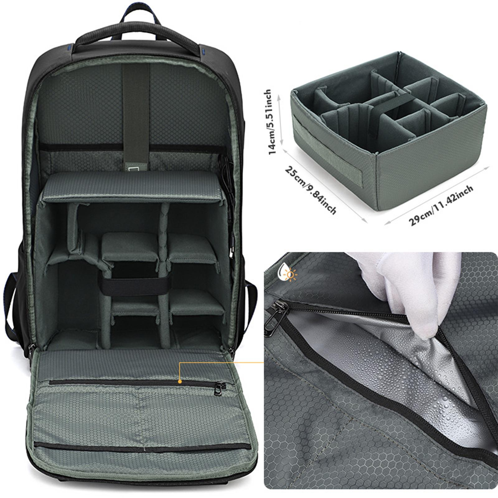 Schwarzer Rucksack mit Fächern, einem Organizer und einem Detail eines nassen Fachs. Abmessungen sind sichtbar.