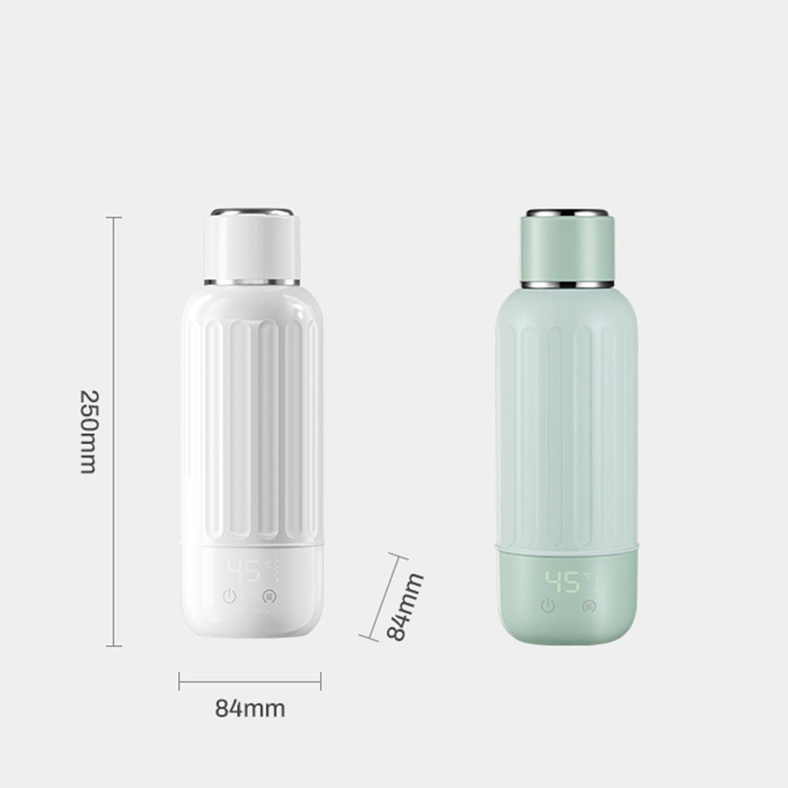 Zwei Wasserflaschen, eine weiße und eine mintgrüne, mit Abmessungen. Die grüne Flasche hat eine Digitalanzeige.