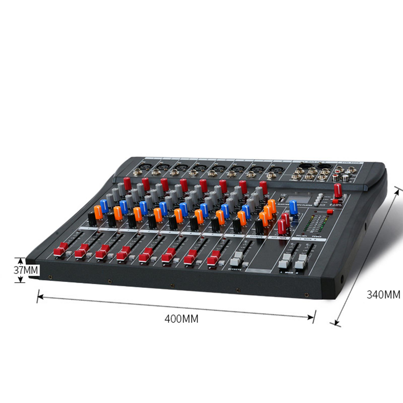 Ein schwarzer Mixer mit den Maßen 400 mm x 340 mm x 37 mm. Er hat verschiedene Knöpfe und Fader.