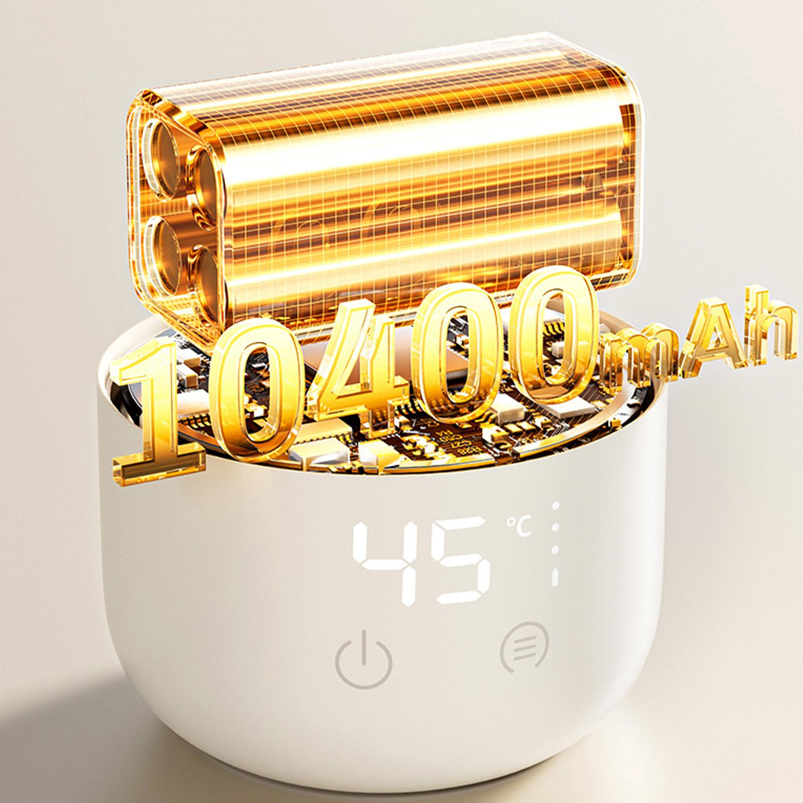 Weißes Gerät mit Digitalanzeige, die 45 Grad Celsius und 10400 mAh anzeigt.