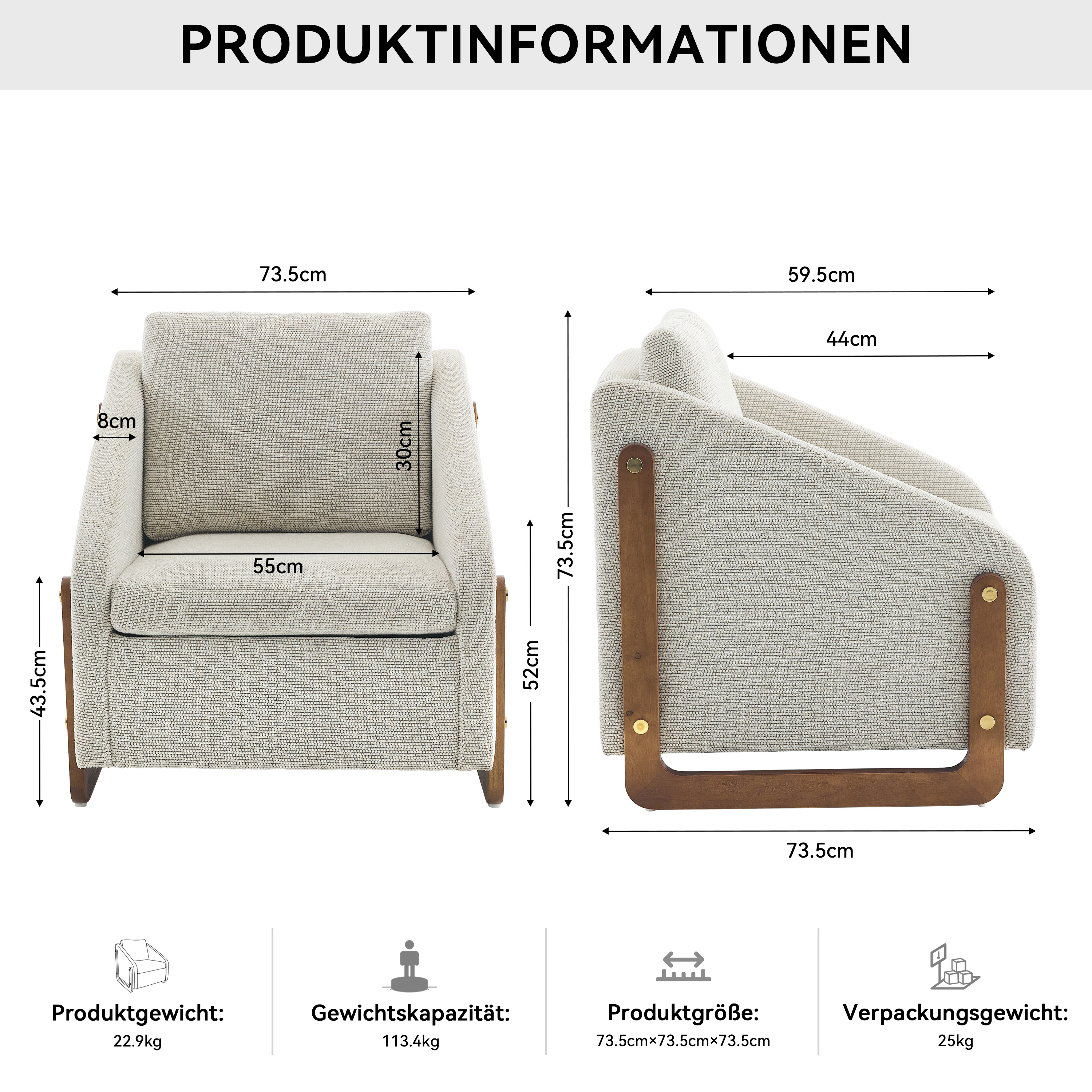 Abmessungen eines cremefarbenen Sessels mit Holzrahmen. Diagramme und Maße in cm sind enthalten.