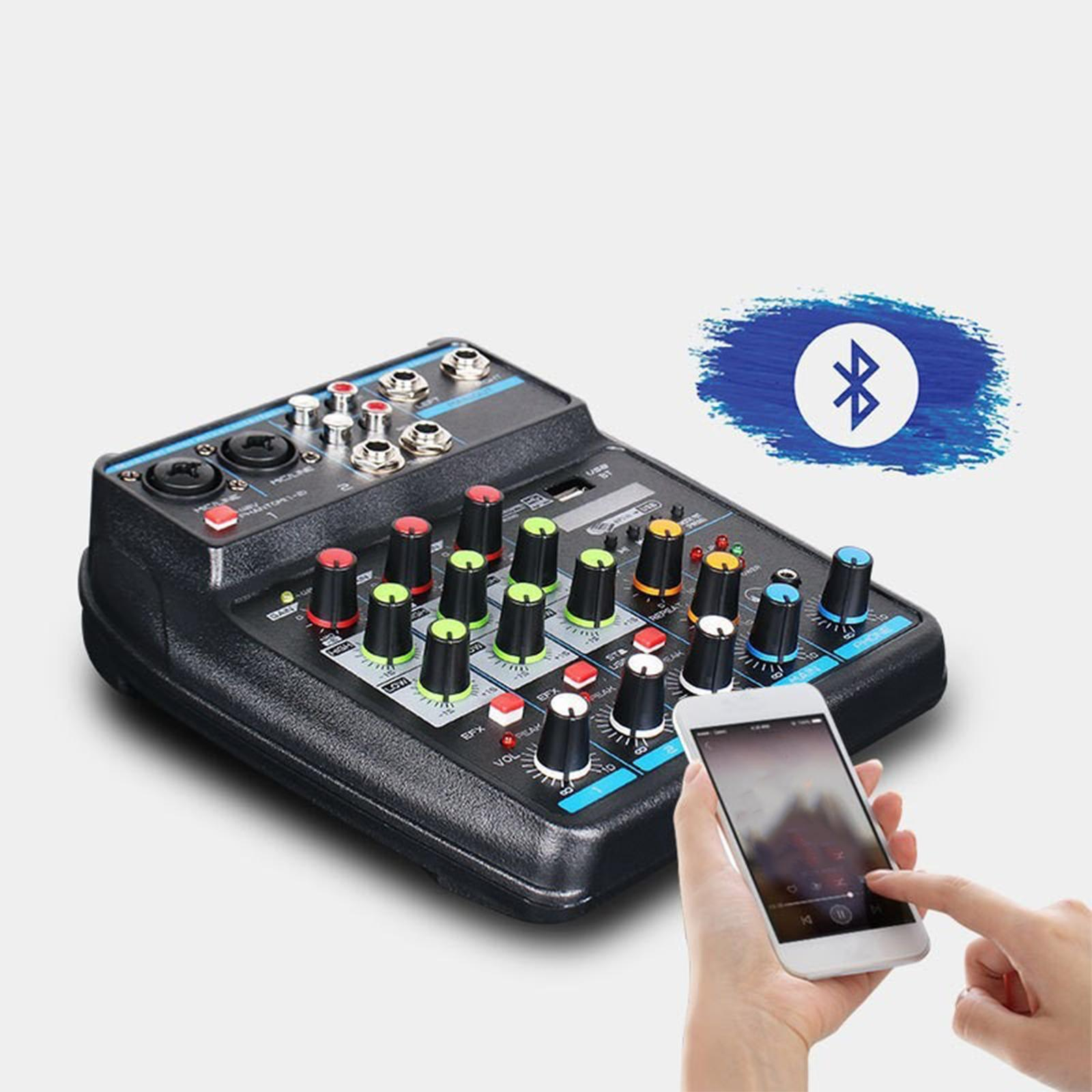 Schwarzer Audiomixer mit Knöpfen, ein Telefon spielt Musik via Bluetooth. Ein blaues Bluetooth-Symbol wird gezeigt.