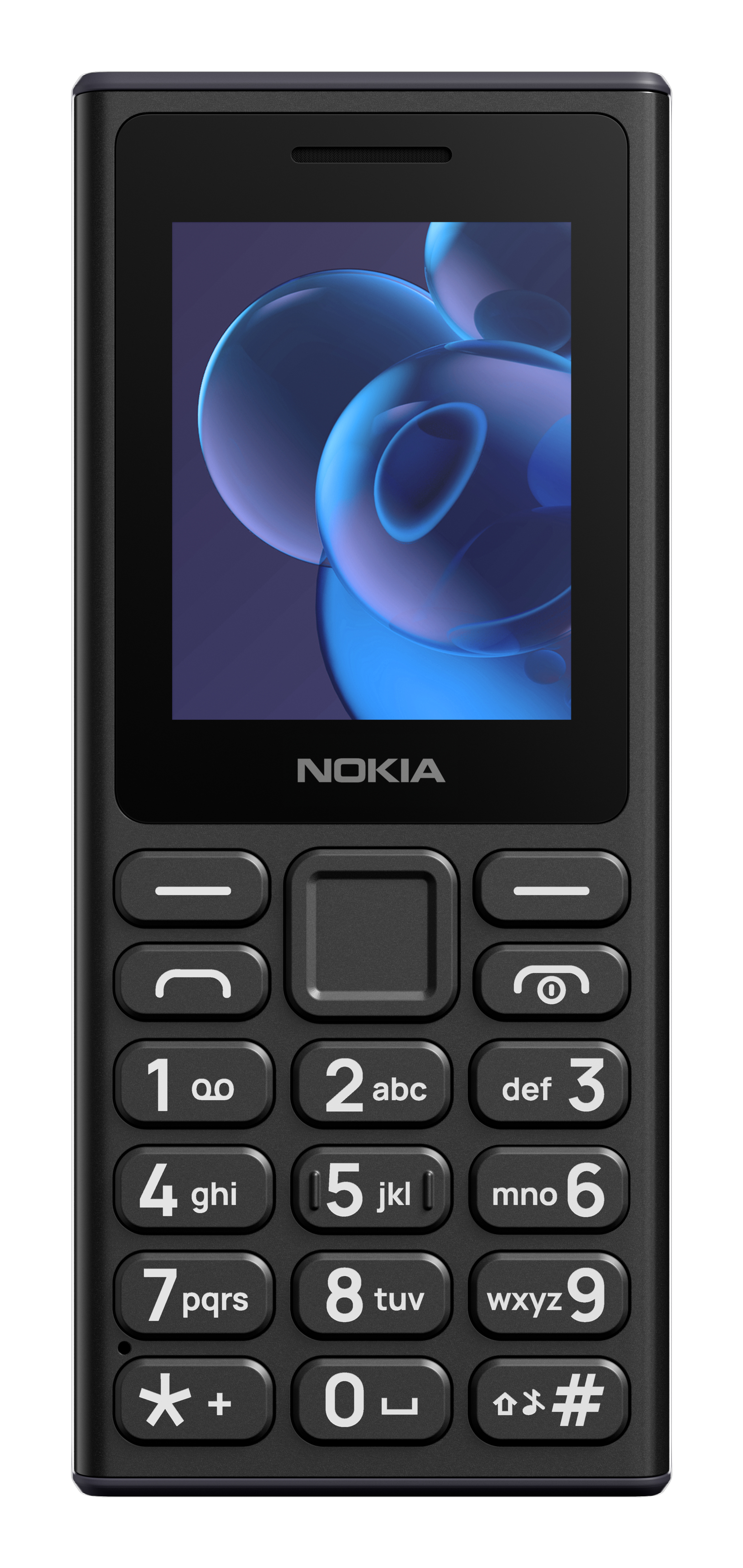 Teléfono Nokia negro que muestra una pantalla con un gráfico. Teclado numérico visible. Fondo blanco.