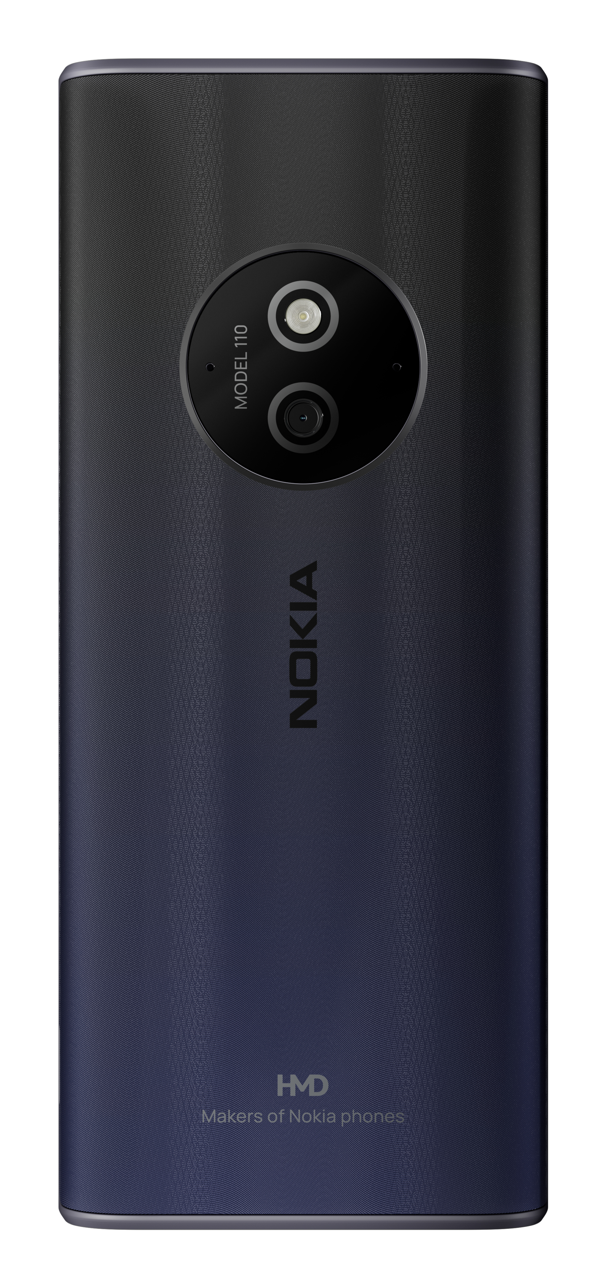 Vista trasera de teléfono azul oscuro con cámara y diseño circular. 'Nokia' y 'HMD' escritos abajo.