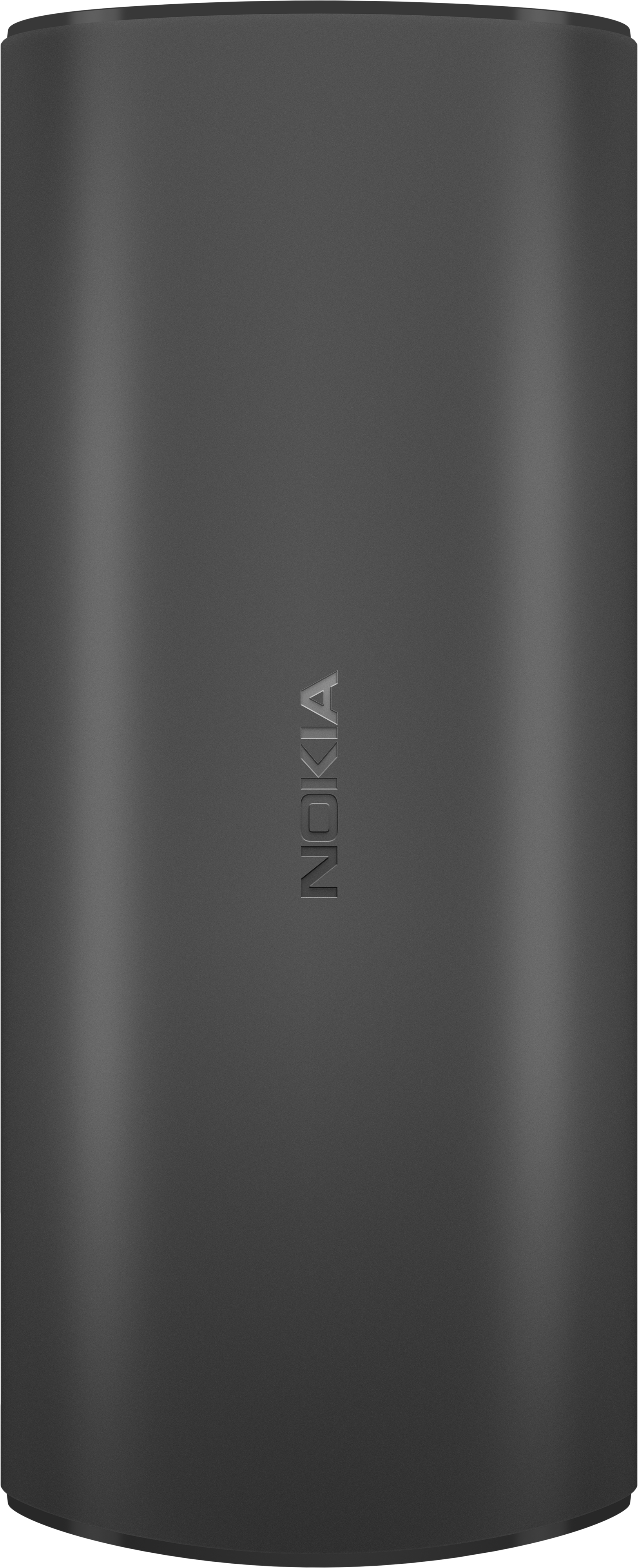 Ciemnoszary, cylindryczny Nokia. Słowo 'Nokia' jest wytłoczone pionowo. Białe tło.