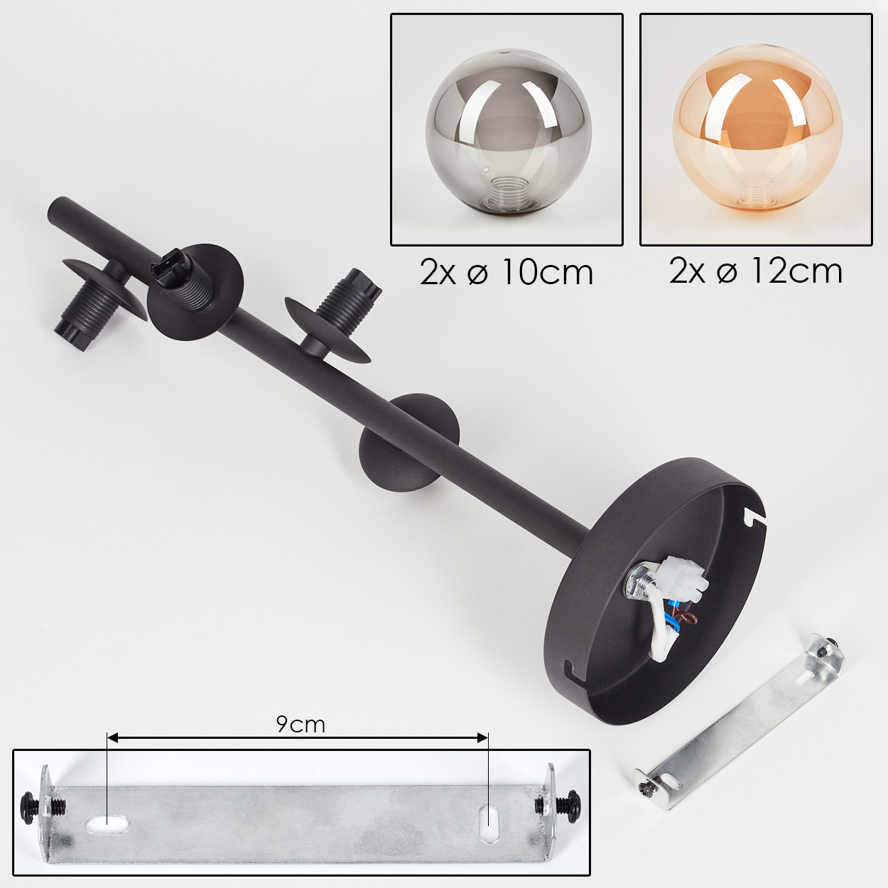 Komponenten einer Lampe: schwarzer Montagearm, zwei Glaskugeln, Maße und eine Montagehalterung.