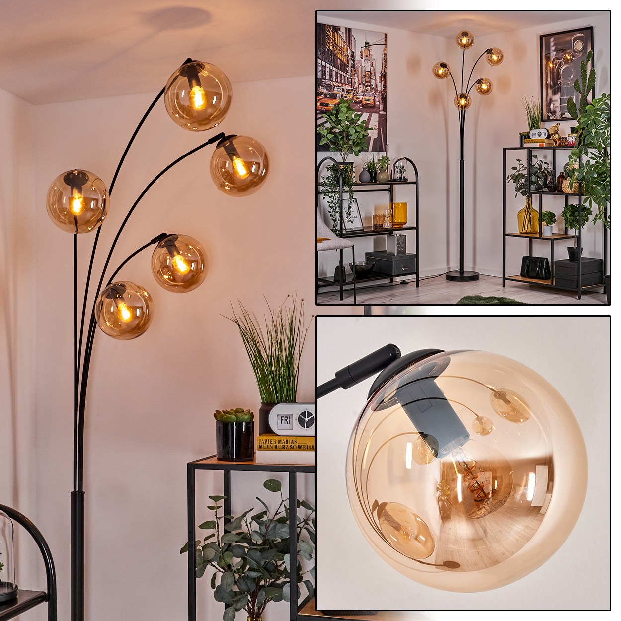 Ein Raum mit schwarzer Stehlampe, Kunst und Regalen. Die Lampe hat mehrere Kugelleuchten.