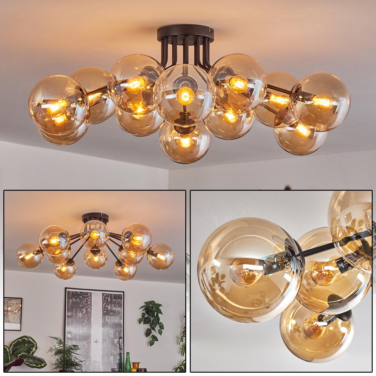 Deckenlampe mit goldenen Kugeln. Mehrere Ansichten: komplette Lampe, Nahaufnahme der Kugeln und die Lampe in einem Raum.