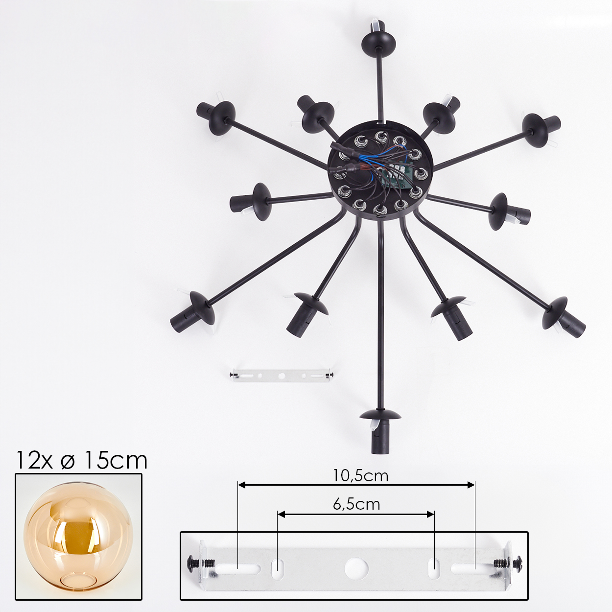 Detaillierte Ansicht der Lampenbasis mit Maßen. Enthält einen goldenen Globus und eine Halterung zur Montage.