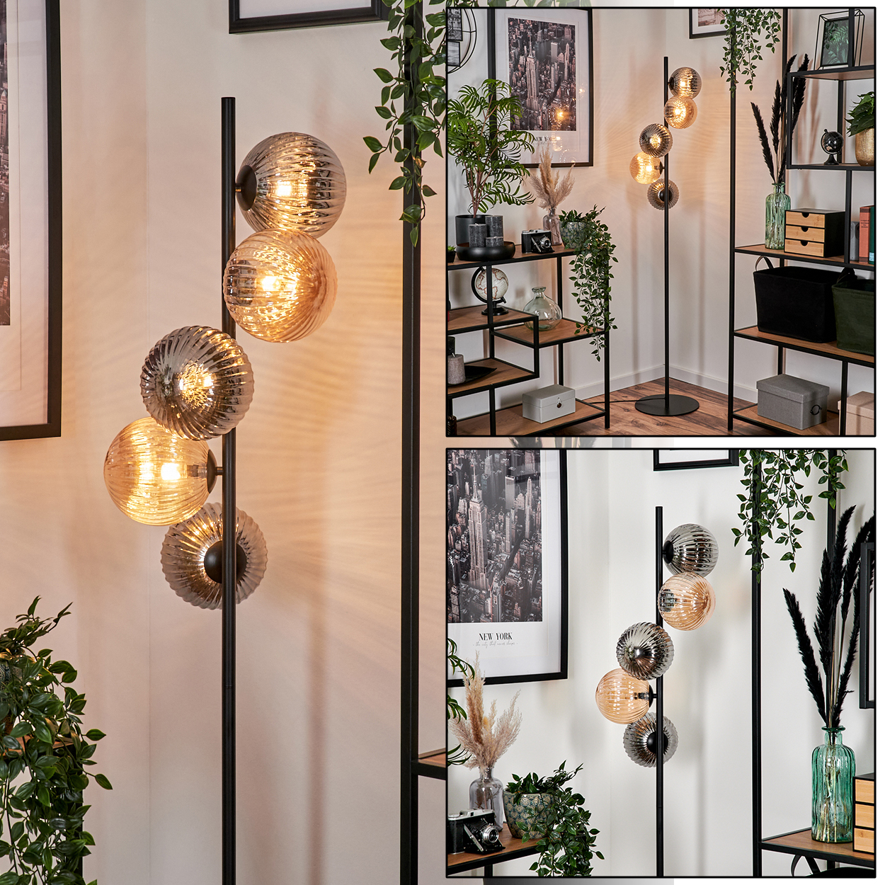 Eine Stehlampe mit fünf Glaskugel-Schirmen, neben einem schwarzen Regal mit Pflanzen und einem New York-Bild.