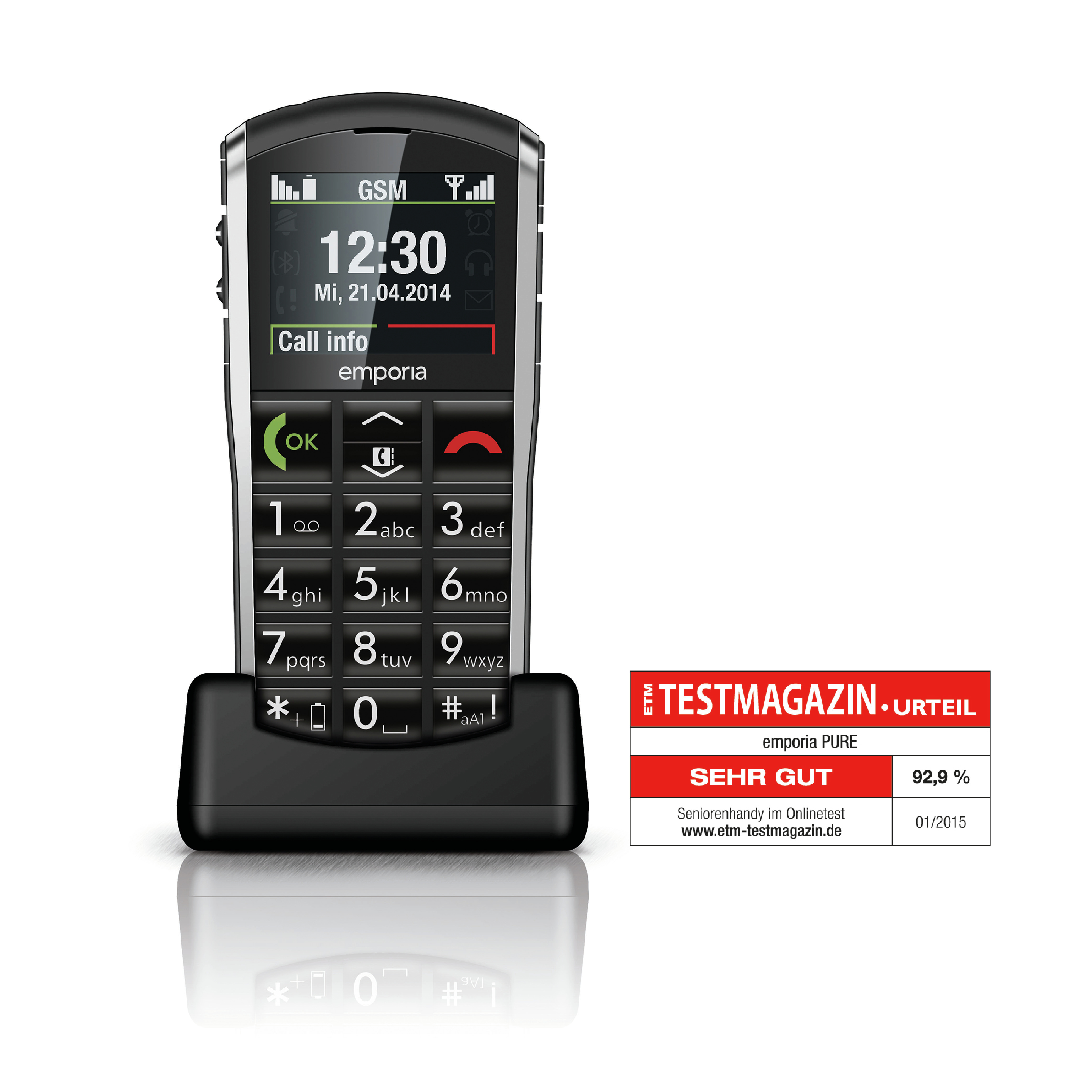 Ein schwarzes Mobiltelefon mit großen Tasten und einem Bildschirm, der Uhrzeit und Datum anzeigt.
