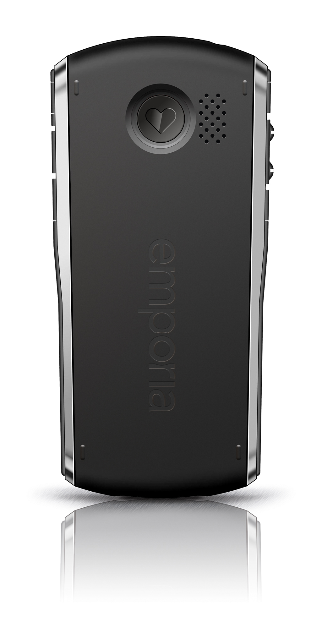 Rückseite des schwarzen Telefons mit Emporia-Logo, Herztaste und Lautsprecher. Chromeinfassungen.