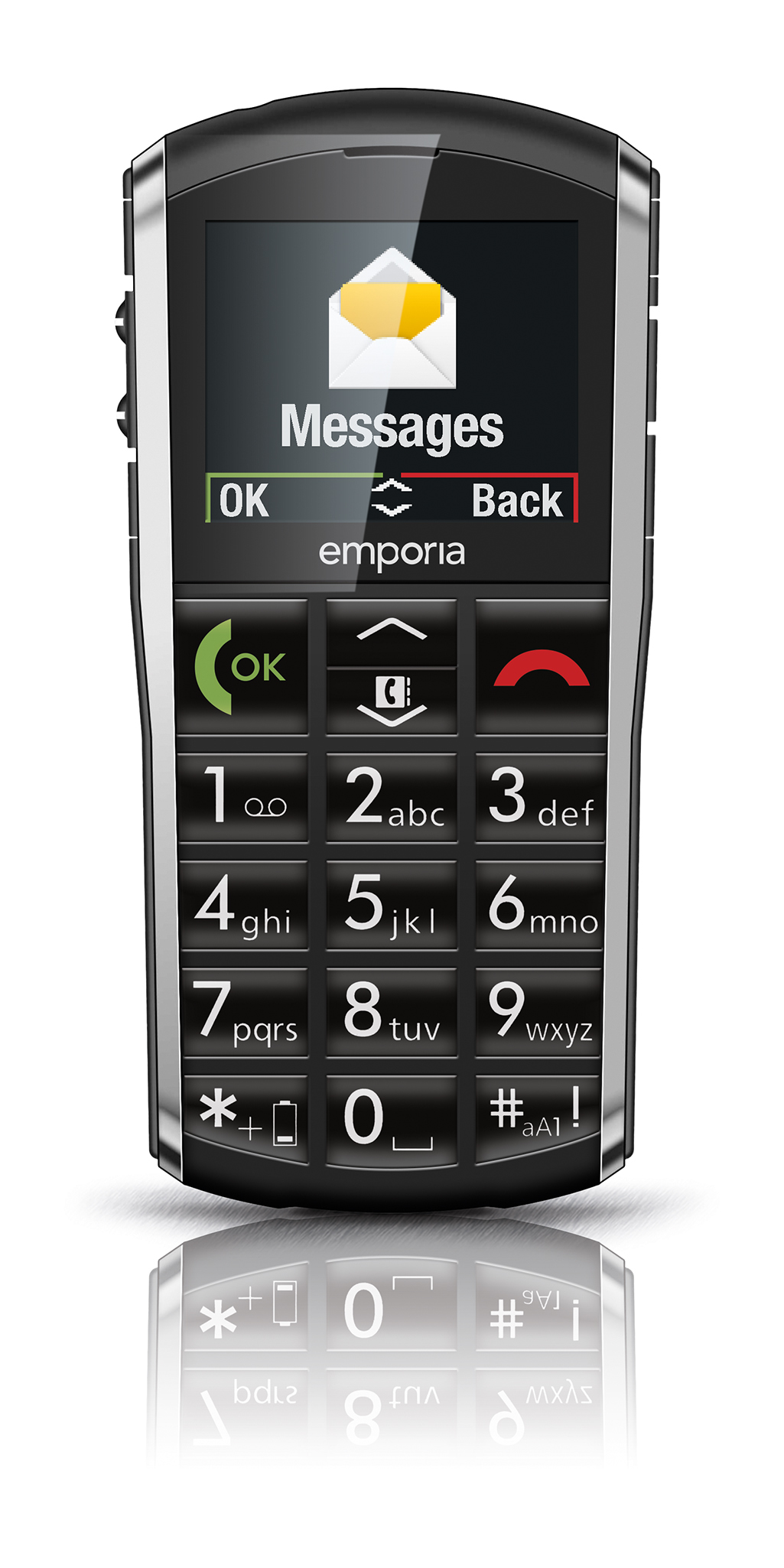 Schwarzes und silbernes Mobiltelefon mit einem Bildschirm, der ein Nachrichtensymbol anzeigt. Die Tastatur hat große Tasten.