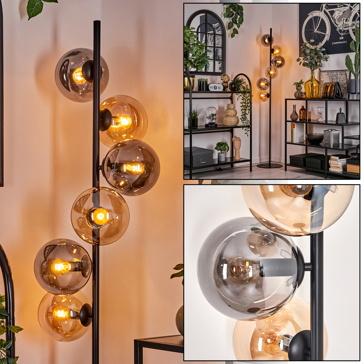 Eine schwarze Stehlampe mit Glasschirmen. Die Lampe beleuchtet einen Raum mit anderen Möbeln und Dekorationen.