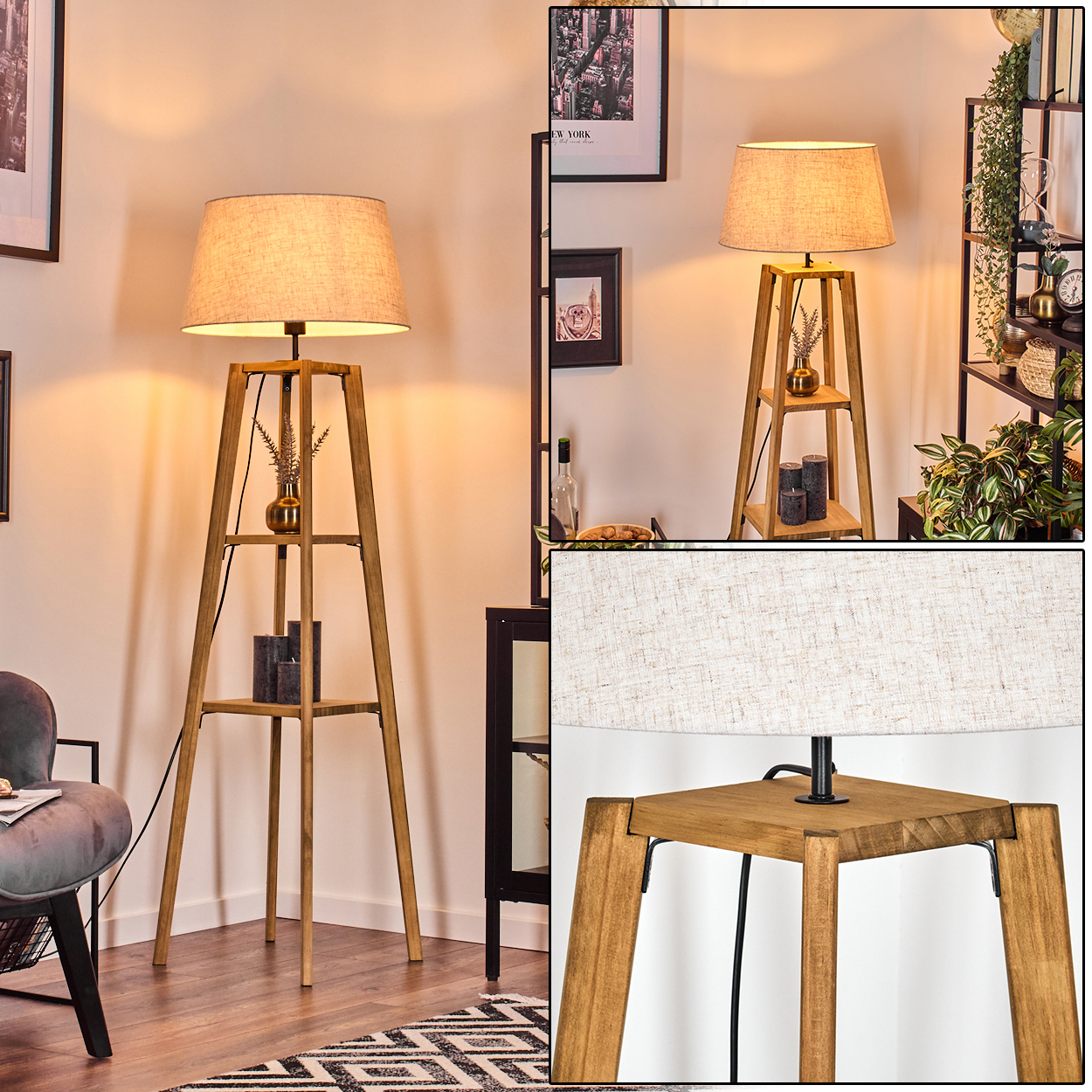 Holz-Stehlampe mit zwei Regalen. Beiger Lampenschirm, kleine Vase und zwei Kerzen auf den Regalen. Weiße Wand im Hintergrund.