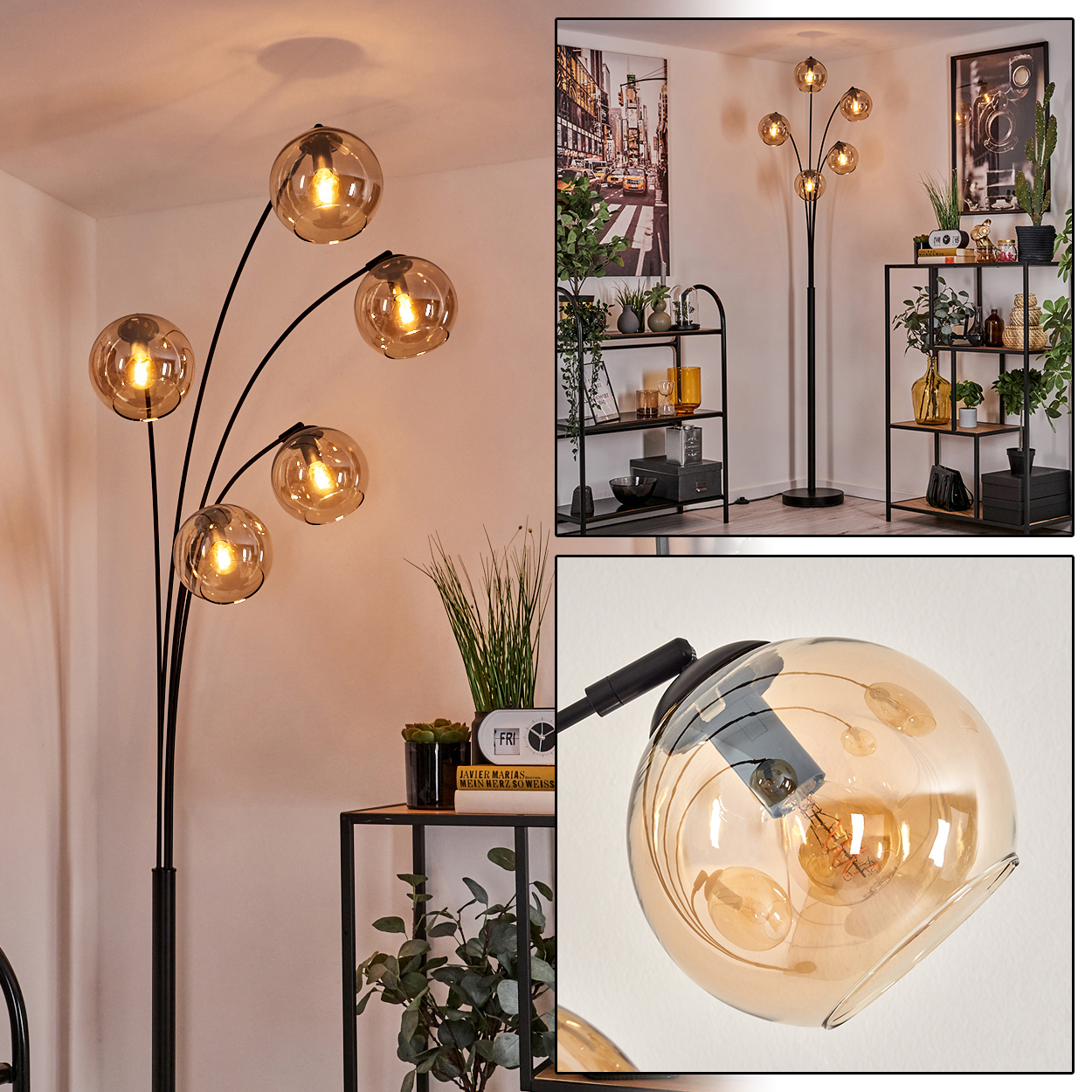 Schwarze Stehlampe mit mehreren kugelförmigen Glühbirnen. Der Hintergrund ist eine Raumecke.