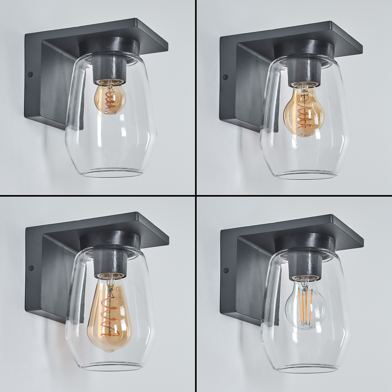 Vier Bilder einer schwarzen Wandlampe mit Glasschirm. Der Hintergrund ist weiß.