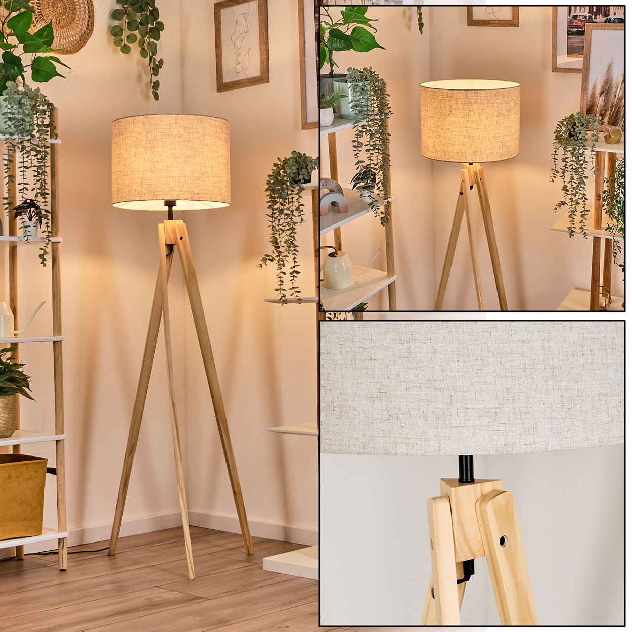 Eine Holz-Stativ-Stehleuchte mit beigem Lampenschirm in einem Raum mit Pflanzen und Regalen.