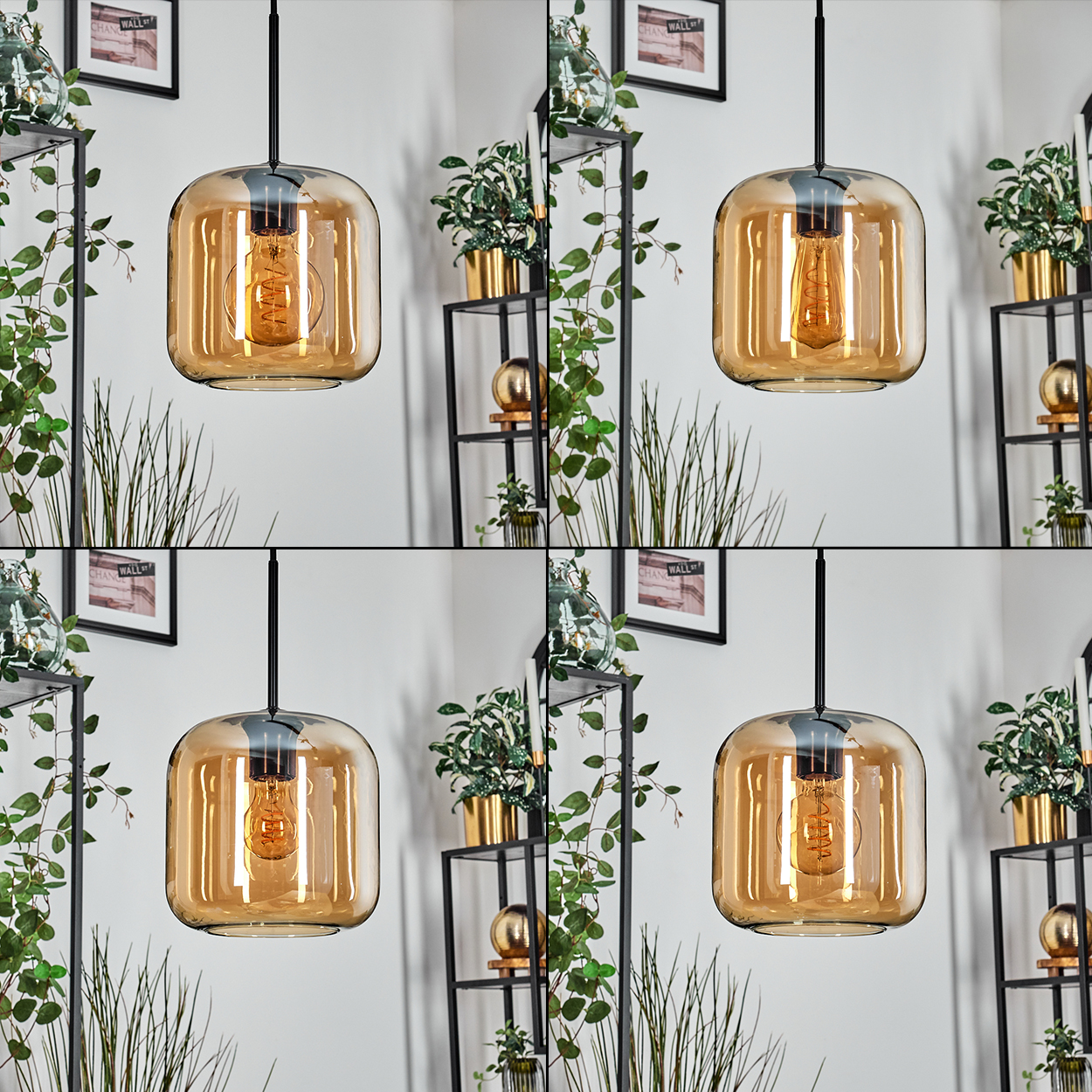 Vier Bilder. Vier Pendelleuchten mit goldenen Glaskolben und leuchtenden Glühbirnen, vor einem Hintergrund.